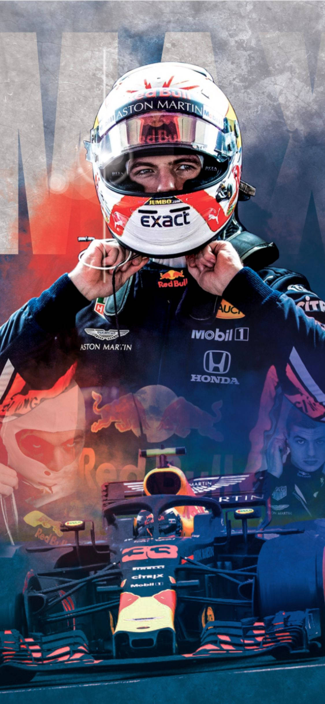 Verstappen 桌布 壁紙 — 一名身穿紅牛賽車服和頭盔的F1車手在煙霧背景下調整護目鏡，其賽車在下方。