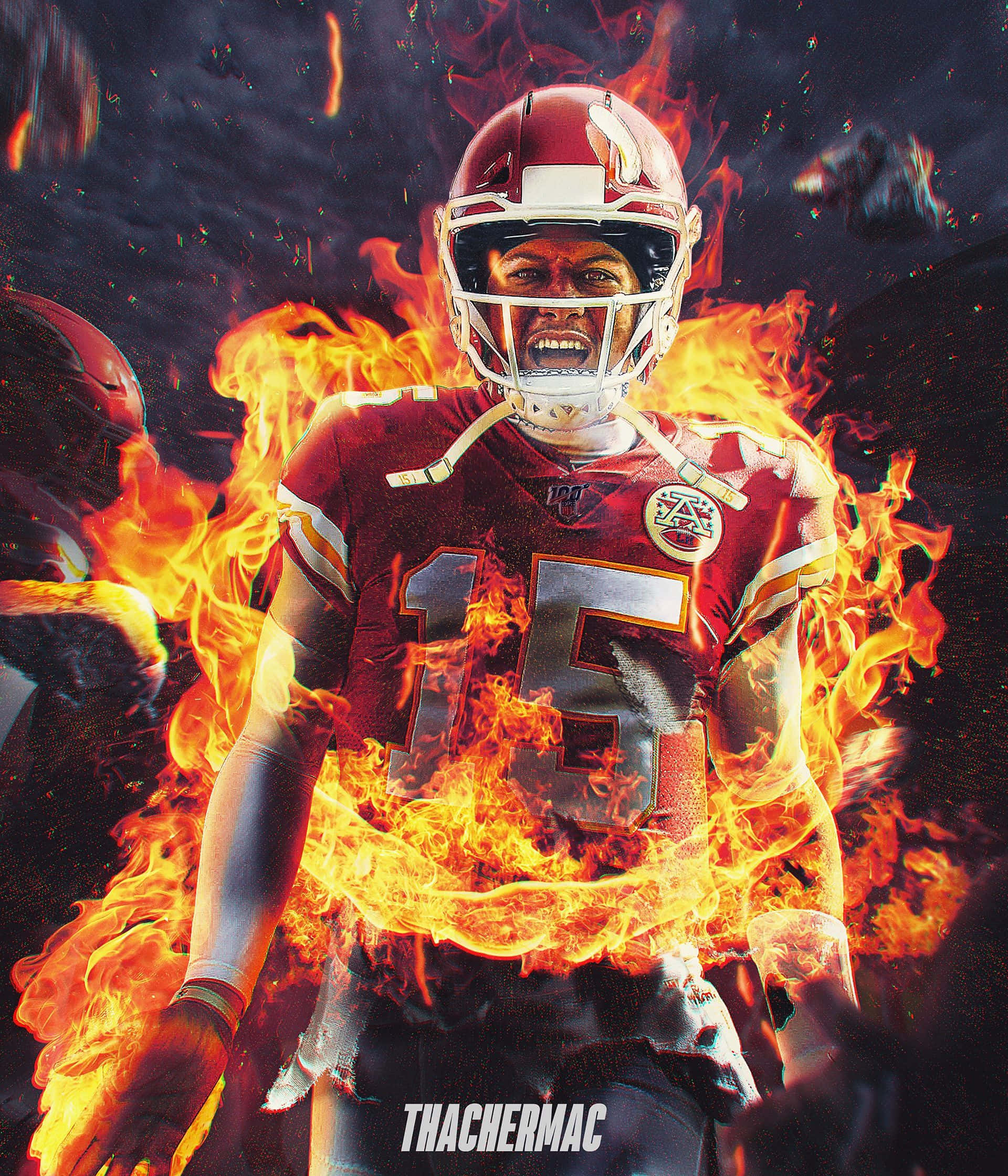 Kansas City Chiefs 桌布 壁紙 — 一名身穿紅色15號球衣的足球運動員在黑暗背景中被咆哮的火焰吞噬。