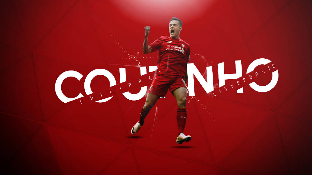 Philippe Coutinho Liverpool FC 壁紙 — 一名身穿紅色利物浦球衣的足球員在鮮明的紅色幾何背景前，以大型白色字體展示他的名字，勝利地慶祝。