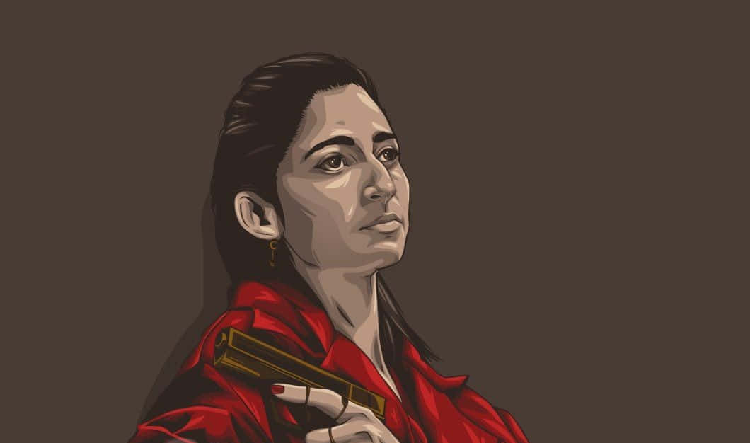 Money Heist 桌布 壁紙 — 一名身穿紅色外套的女子在深棕色背景前，表情嚴肅地持槍。