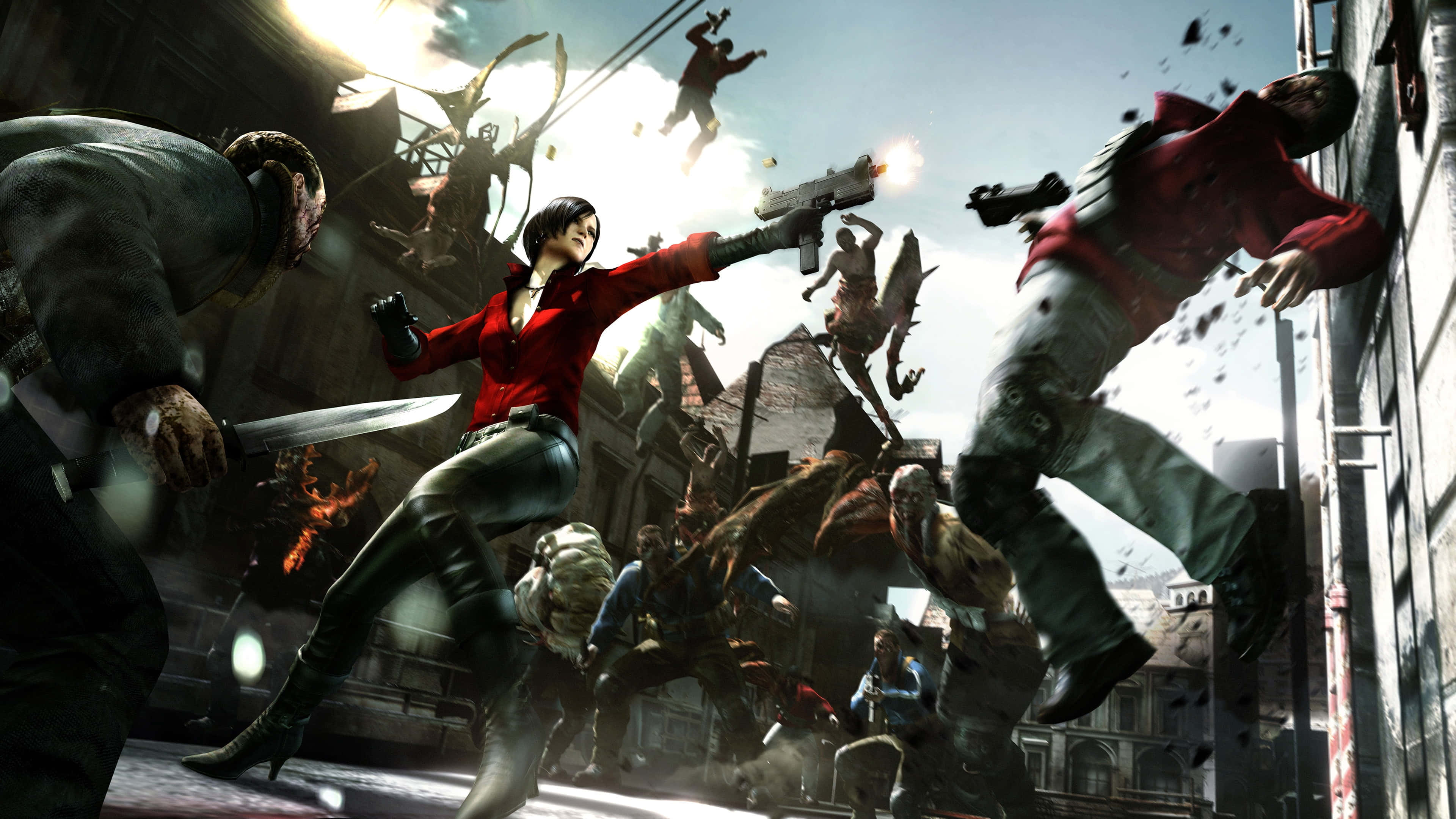 Resident Evil Characters 桌布 壁紙 — 一名身穿紅色外套的女子在混亂的城市街頭戰鬥中，與喪屍搏鬥，槍火四射，屍體橫飛。