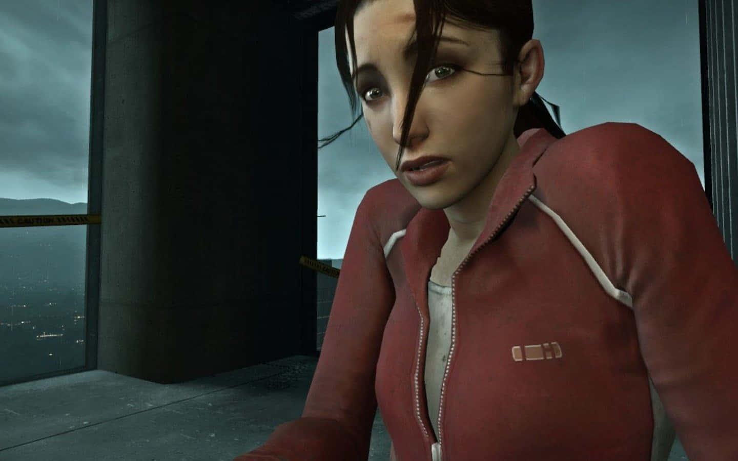 Left 4 Dead Characters 桌布 壁紙 — 一名身穿紅色外套的女子從高處窗戶俯瞰黃昏時分的城市，神情驚慌。
