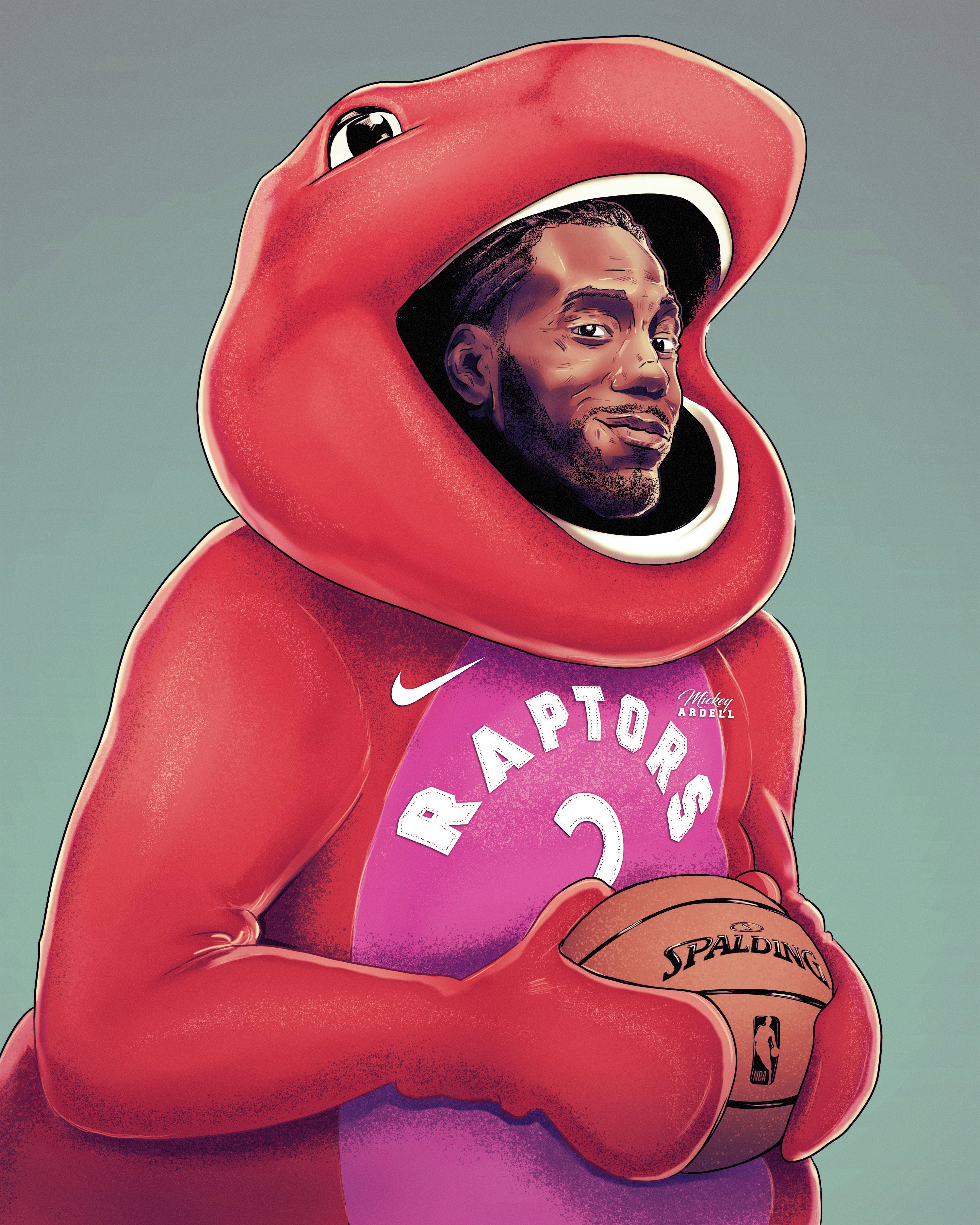 Teams 桌布 壁紙 — 一名身穿紅色恐龍吉祥物服裝的籃球運動員，穿著Raptors球衣，手持Spalding籃球。