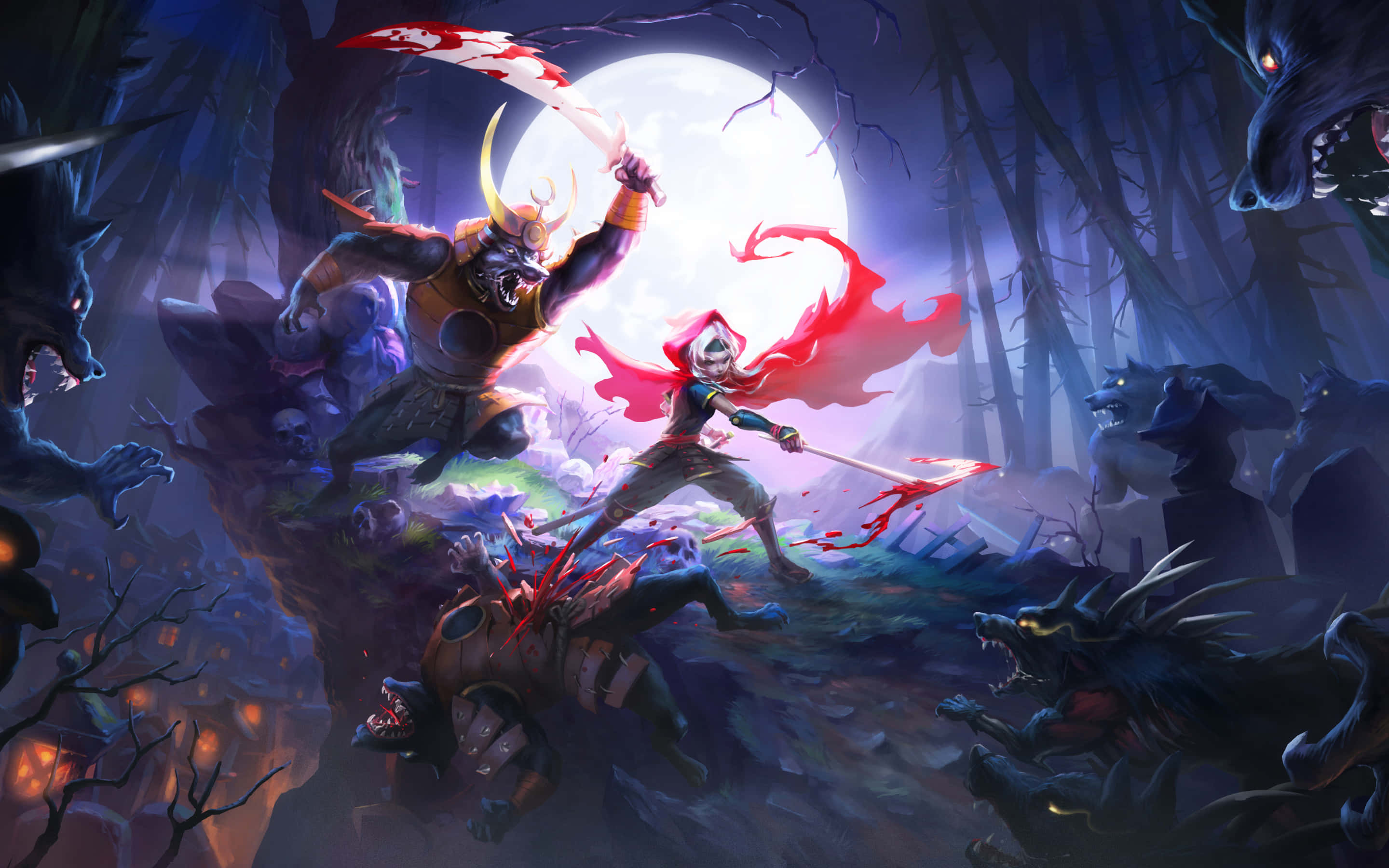 Demon Hunting 桌布 壁紙 — 一名身穿紅色斗篷的戰士在黑暗森林中，於明亮的滿月下與 monstrous 狼群搏鬥。