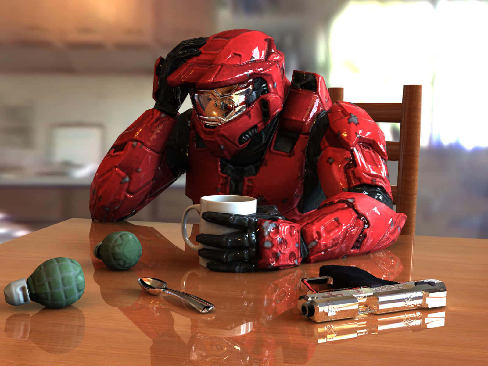 halo 桌布 壁紙 — 一名身穿紅色盔甲的Halo士兵坐在木桌旁，手持杯子，附近有手榴彈和手槍。