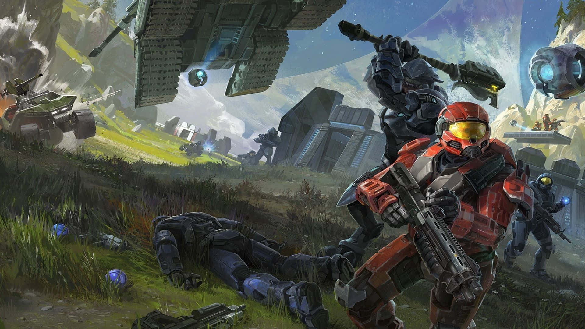 Halo Battle 桌布 壁紙 — 一名身穿紅色盔甲的士兵在草地戰場上向前衝鋒，周圍是未來戰爭機器和倒下的戰友。