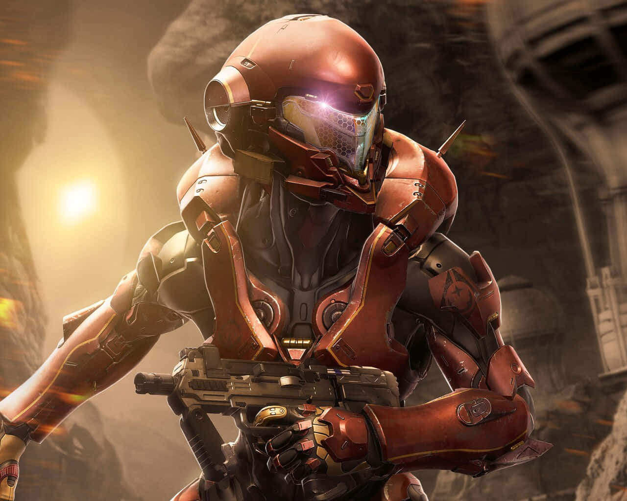 Fireteam Osiris 桌布 壁紙 — 一名身穿紅色盔甲的未来士兵在煙霧彌漫的廢墟中手持武器，背後有發光的太陽。