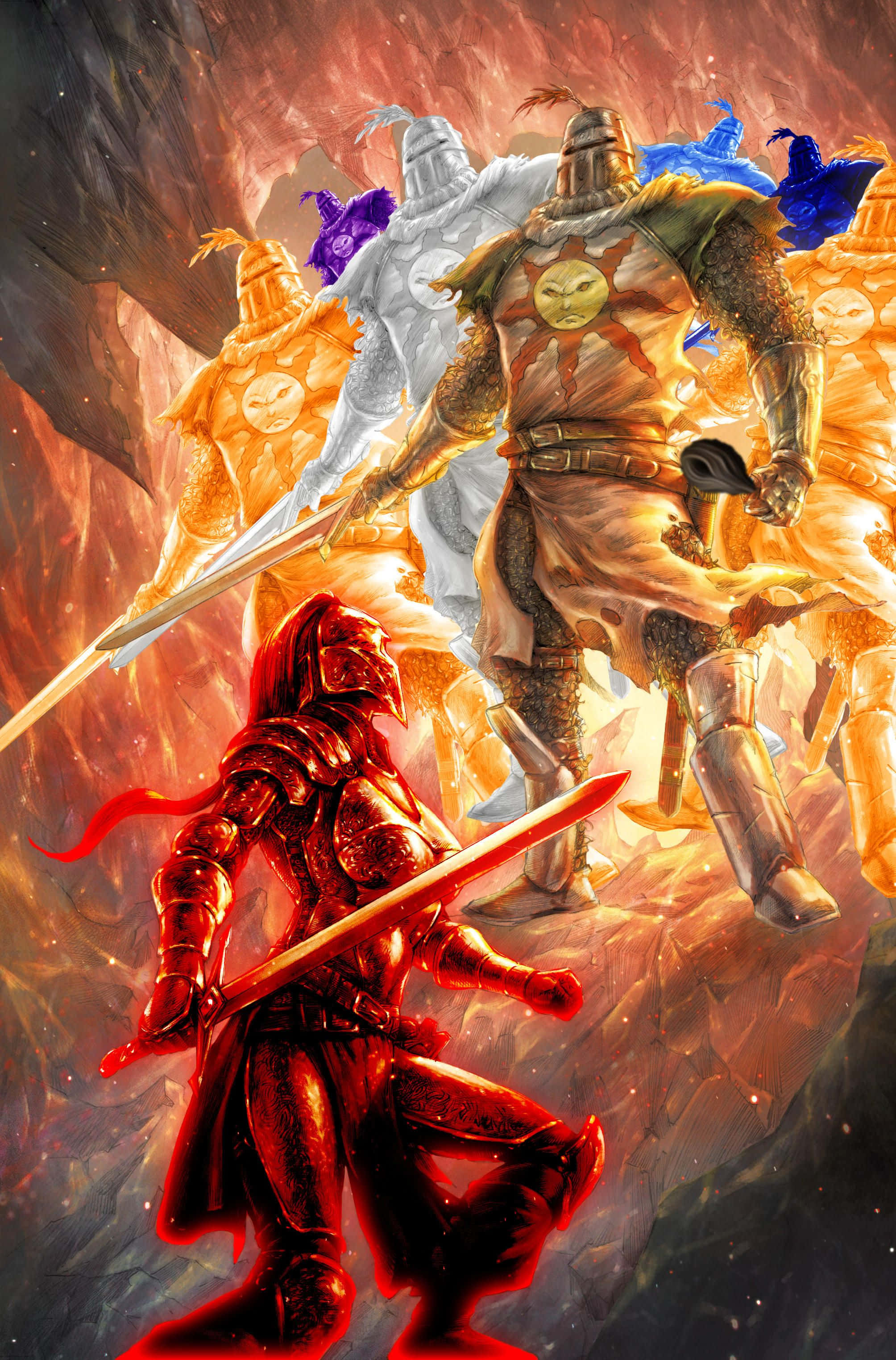 Solaire Of Astora 桌布 壁紙 — 一名身穿紅色盔甲的騎士手持發光劍向前衝鋒，四名身穿橙色、白色和藍色盔甲的戰士站在他身後，背景是熾熱的岩石。