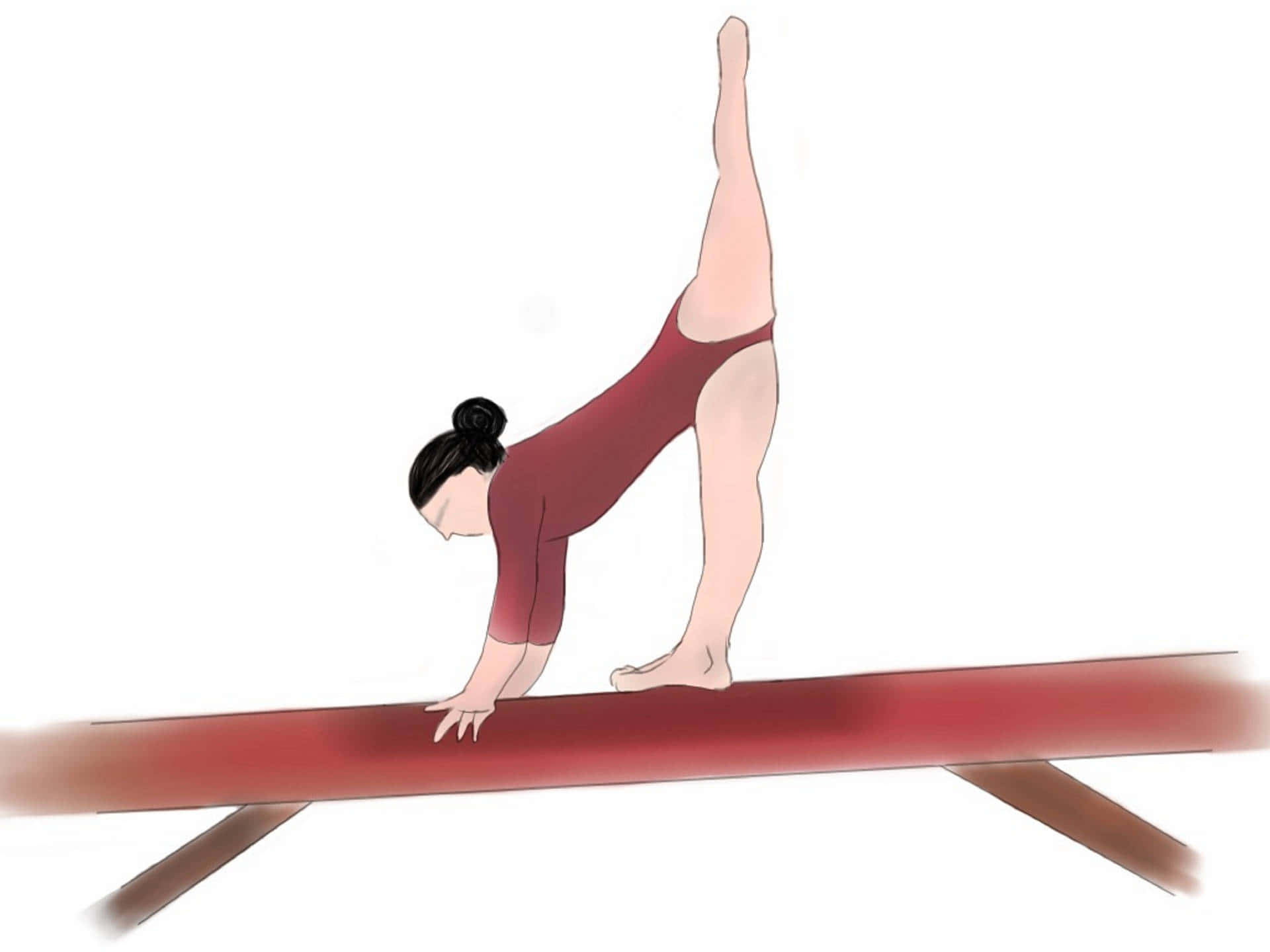 Gymnastics 桌布 壁紙 — 一名身穿紅色緊身衣的體操運動員在白色背景前專注精準地在平衡木上做出劈叉動作。
