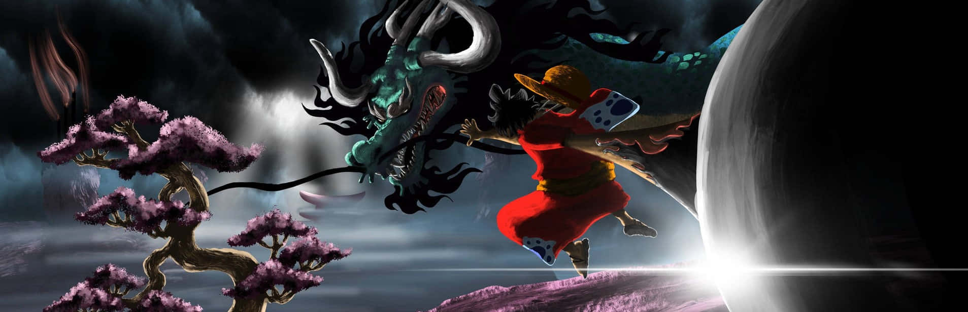 kaido 桌布 壁紙 — 一名身穿紅色衣服的劍士在黑暗的天空下，與一頭巨大的綠色巨龍戰鬥，背景有發光的月亮和粉紅色的櫻花。