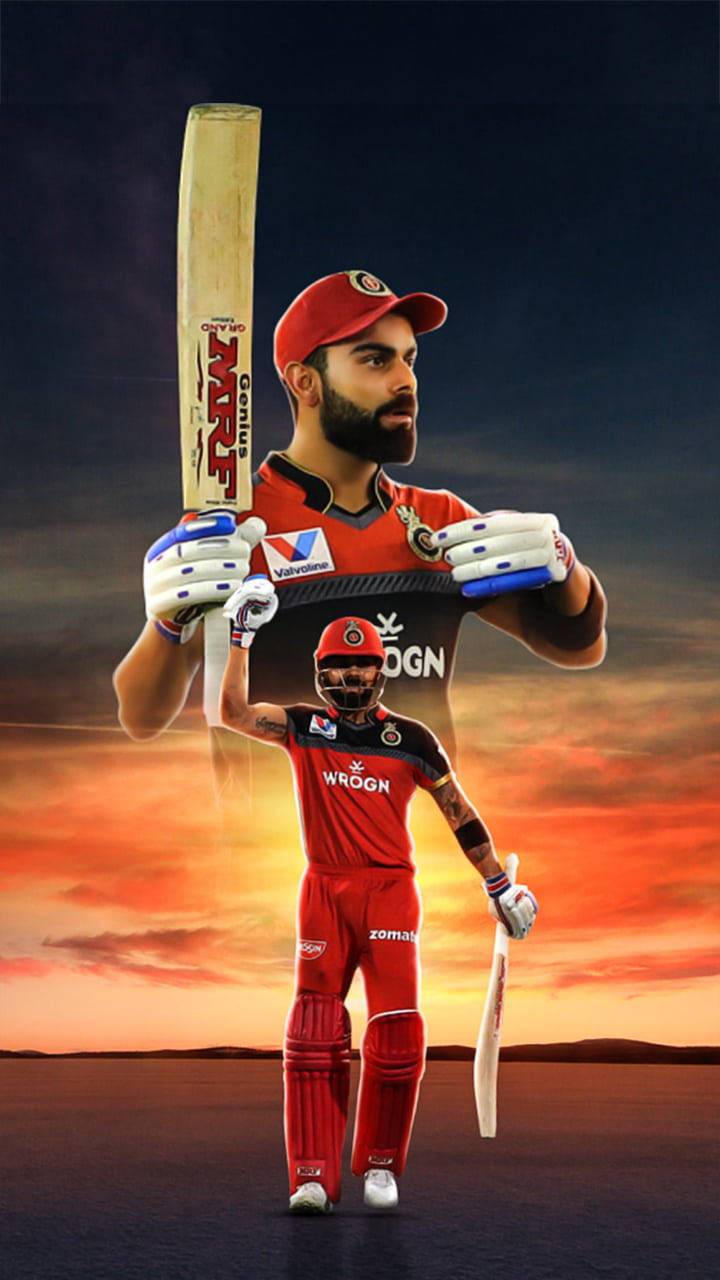 virat kohli rcb 桌布 壁紙 — 一名身穿紅色裝備的板球運動員在熾熱的日落天空下揮動球棒，下方有鏡面倒影。