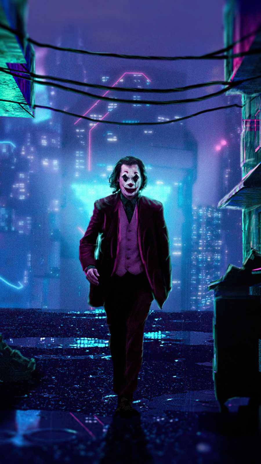neon aesthetic iPhone 桌布 壁紙 — 一名身穿紅色西裝、白色臉部彩繪的男子，在夜晚走過霓虹燈照亮的賽博朋克小巷，頭頂有發光的電線。