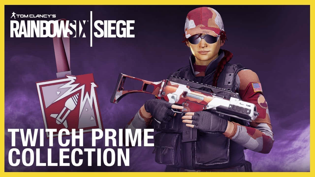 Rainbow Six Siege Twitch 桌布 壁紙 — 一名身穿紅色迷彩裝備的士兵，在紫色煙霧背景和遊戲品牌標誌下手持戰術步槍。
