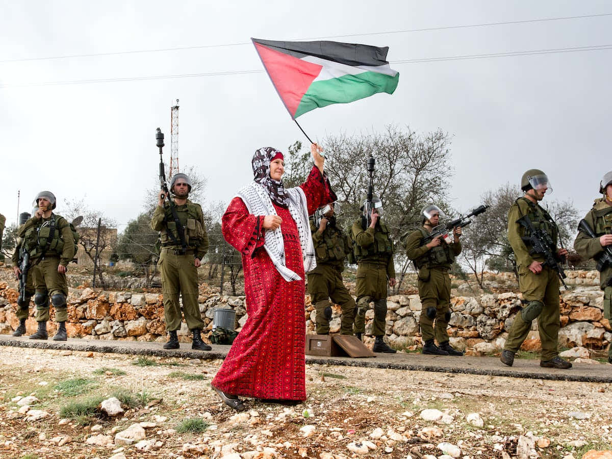 Palestine 桌布 壁紙 — 一名身穿紅色連衣裙和頭巾的女子挑釁地揮舞著巴勒斯坦國旗，而身穿綠色制服的士兵在附近站崗。