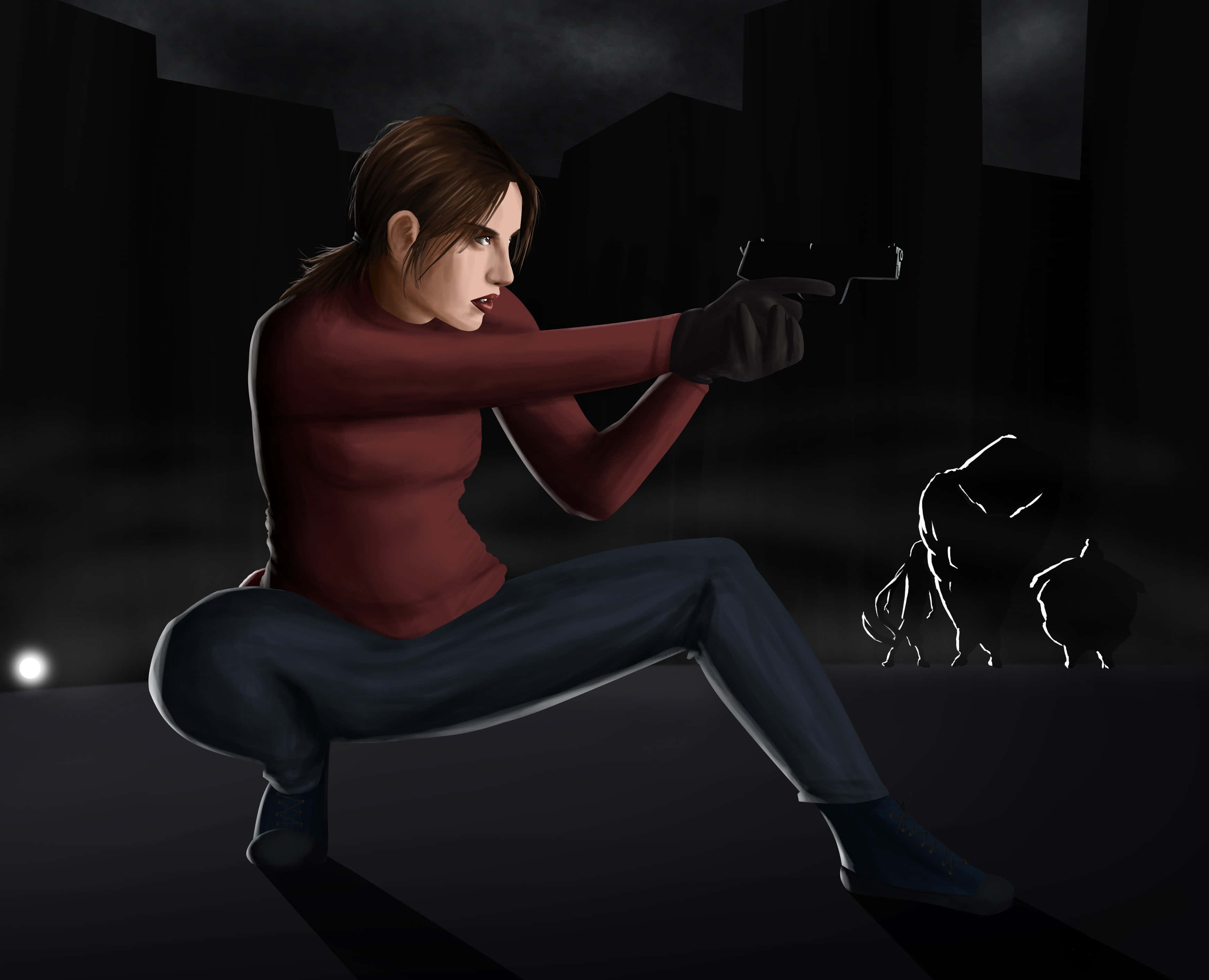Left 4 Dead Characters 桌布 壁紙 — 一名身穿紅衫的女子蹲下，在夜晚黑暗的城市小巷中向一個陰影人物瞄準槍支。