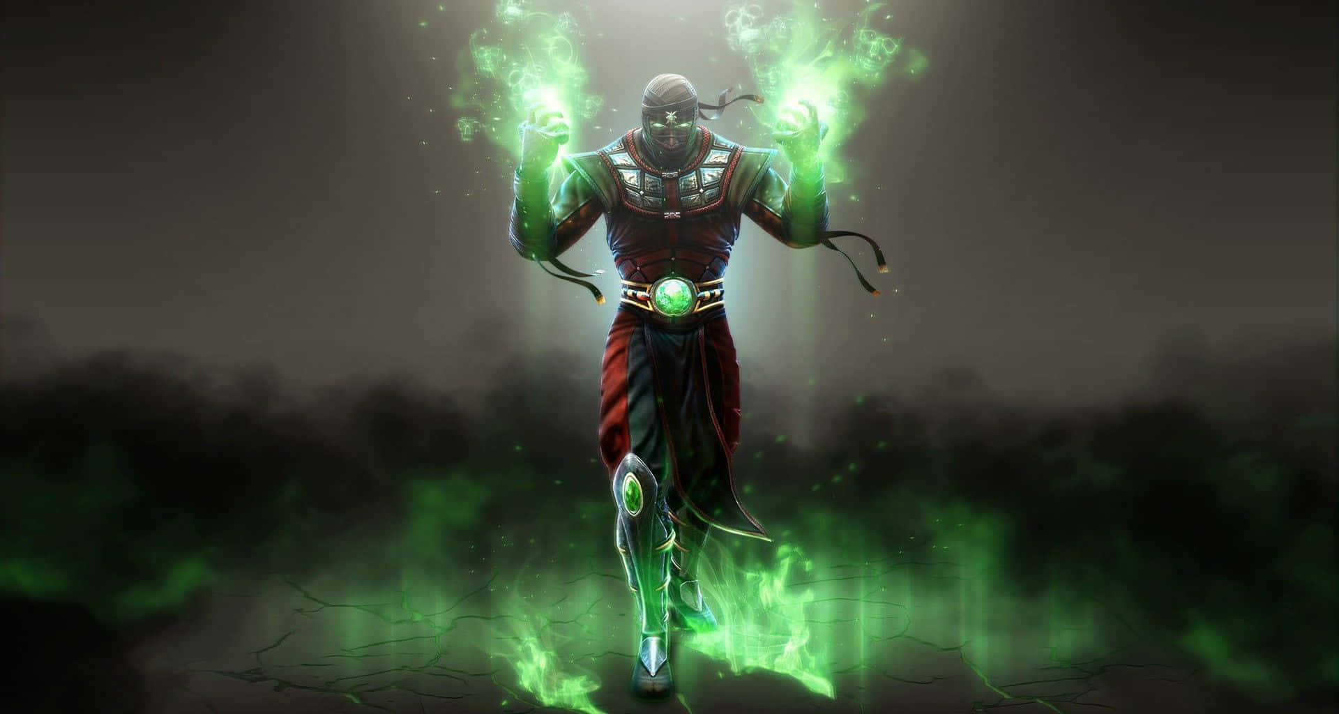 Mortal Kombat Ermac 桌布 壁紙 — 一名身穿紅黑盔甲的蒙面戰士，在黑暗煙霧繚繞的背景中，從雙手釋放出綠色發光能量。