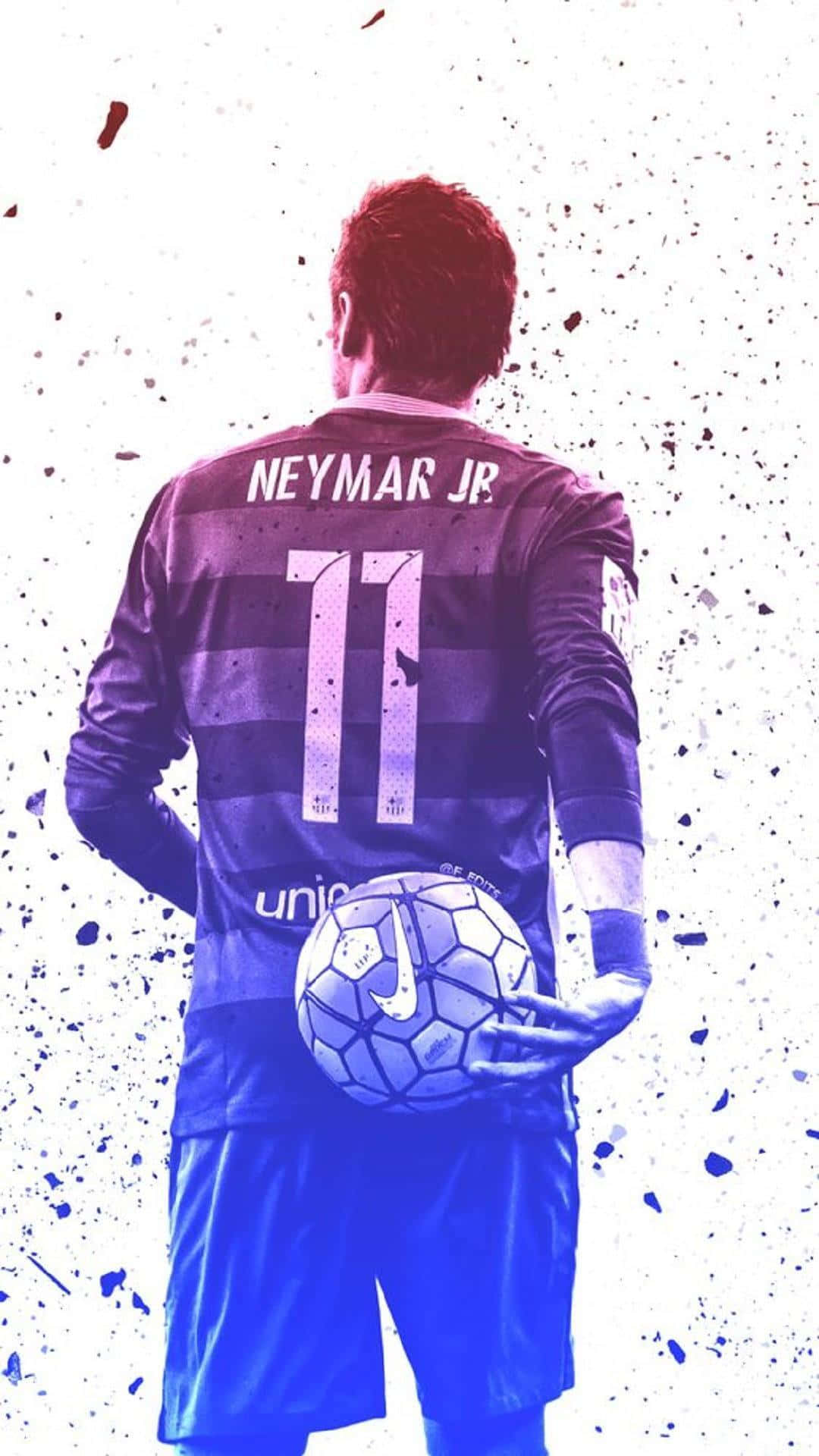 Neymar 桌布 壁紙 — 一名身穿紫色和蓝色条纹球衣、号码为11的足球运动员背对著溅洒的白色背景，手持一个球。