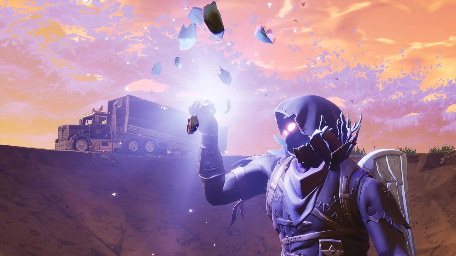 Raven Fortnite 桌布 壁紙 — 一名身穿紫色盔甲的蒙面戰士，在超現實的日落天空下粉碎發光的冰碎片，背景是山丘上的卡車。