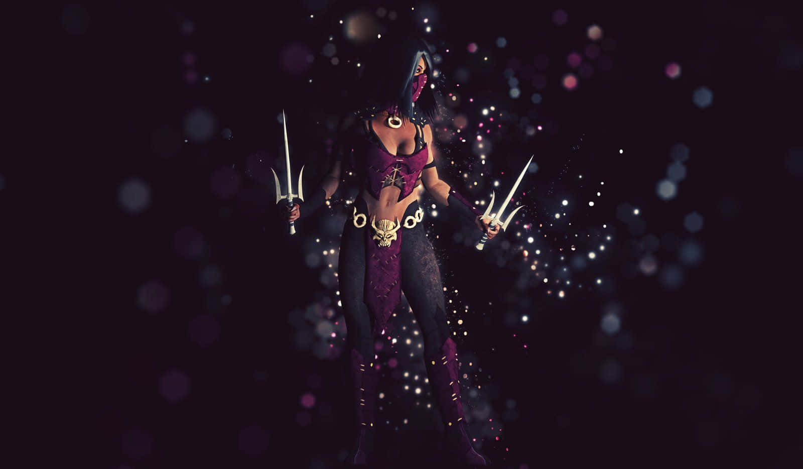 Mortal Kombat Mileena 桌布 壁紙 — 一名身穿紫色盔甲的黑暗奇幻戰士，在黑色背景中揮舞雙叉戟，伴隨著發光的粒子效果。