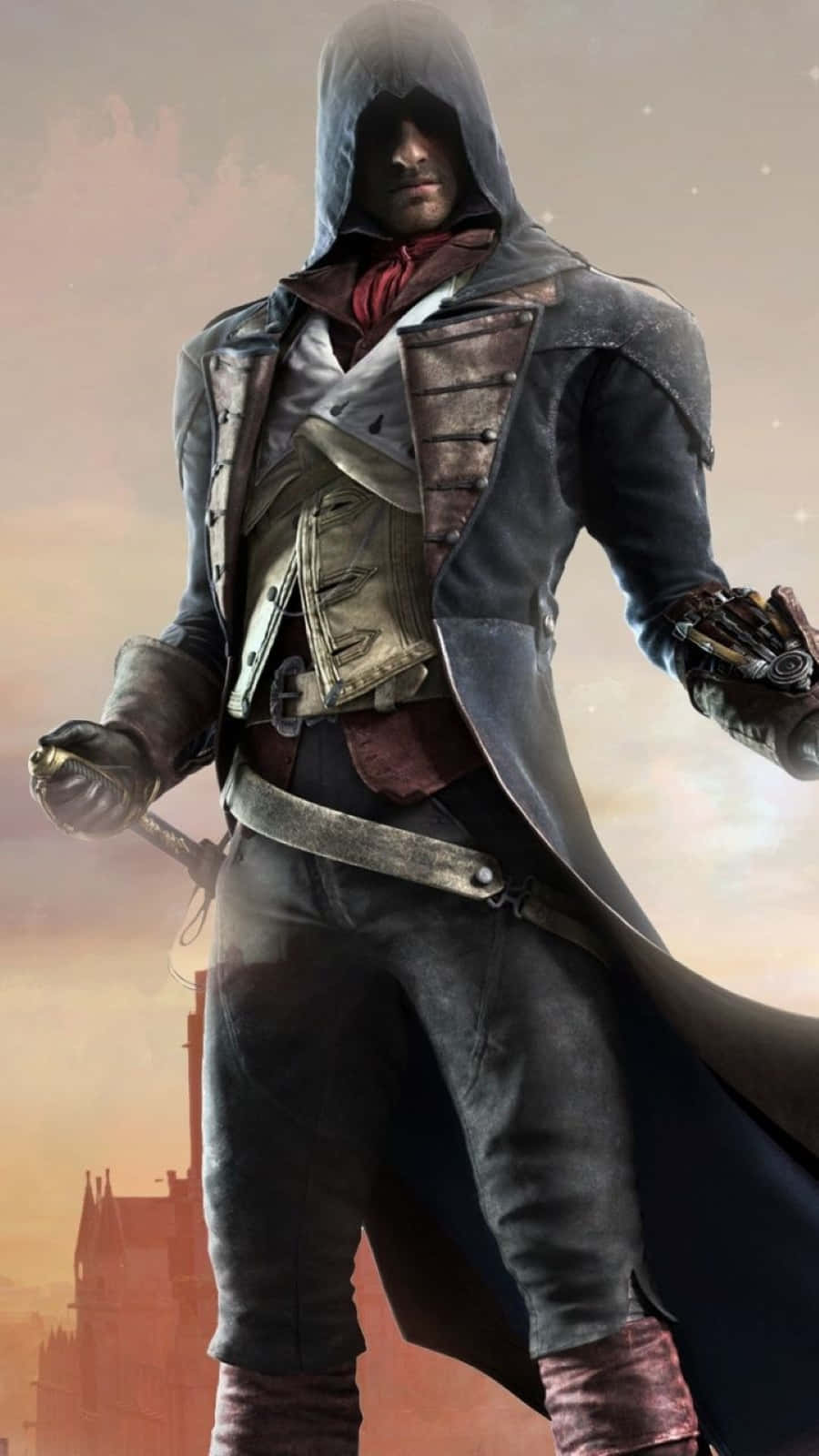 Arno Dorian 桌布 壁紙 — 一名身穿細節時代服裝的蒙面刺客，在昏暗的城市天際線前持刀擺出姿勢。