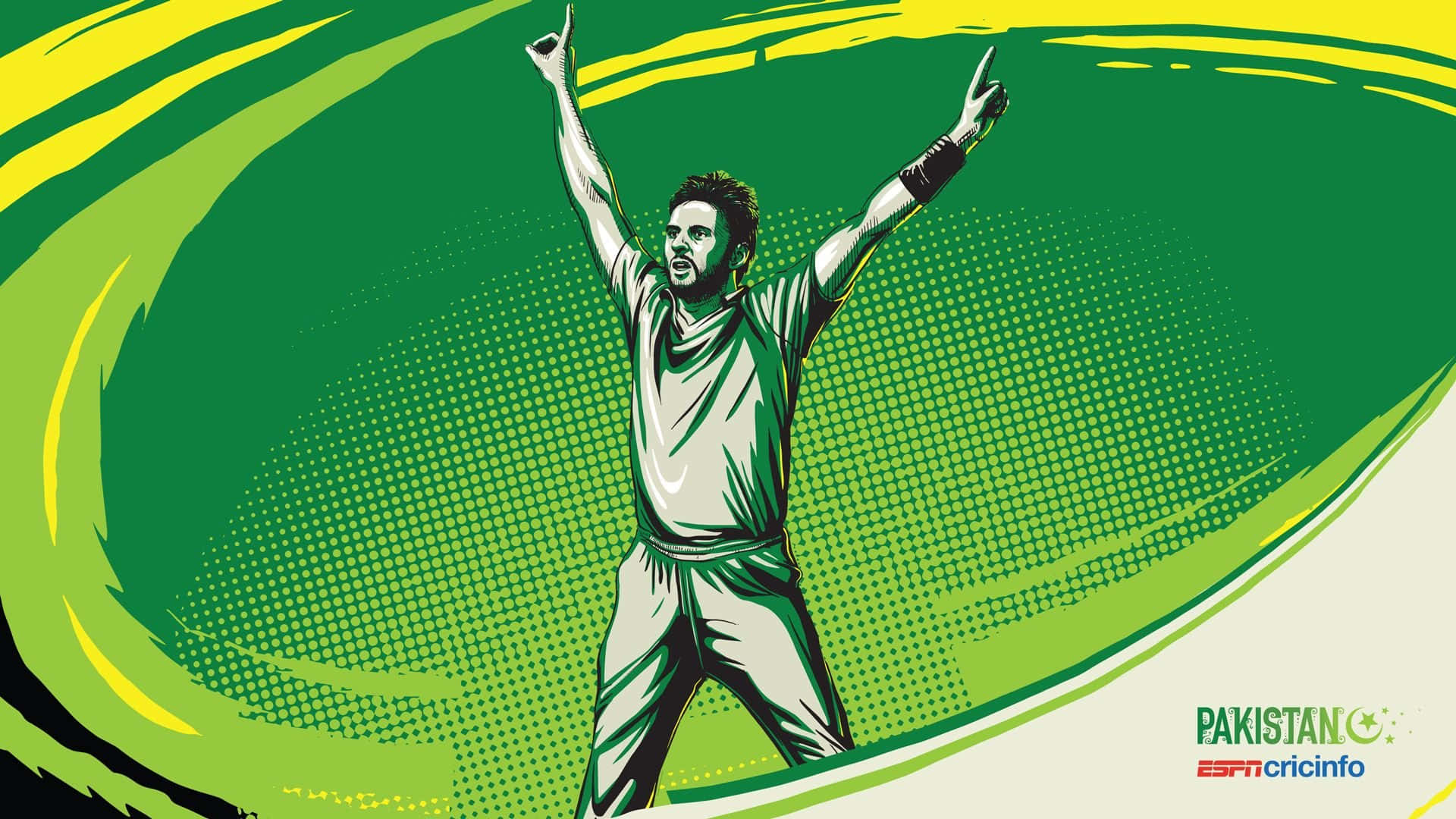 Cricket 桌布 壁紙 — 一名身穿綠色和白色球衣的風格化板球運動員，在動態的綠色和黃色背景下高舉雙臂慶祝勝利。