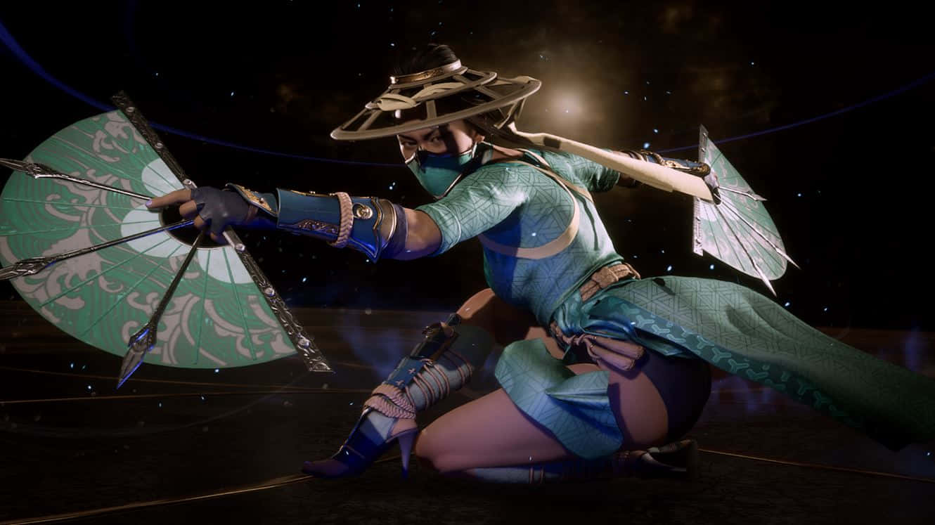 Mortal Kombat Characters 桌布 壁紙 — 一名身穿綠色和藍色盔甲的戰士，在星光璀璨的宇宙背景下動態蹲伏，揮舞著華麗的扇子。