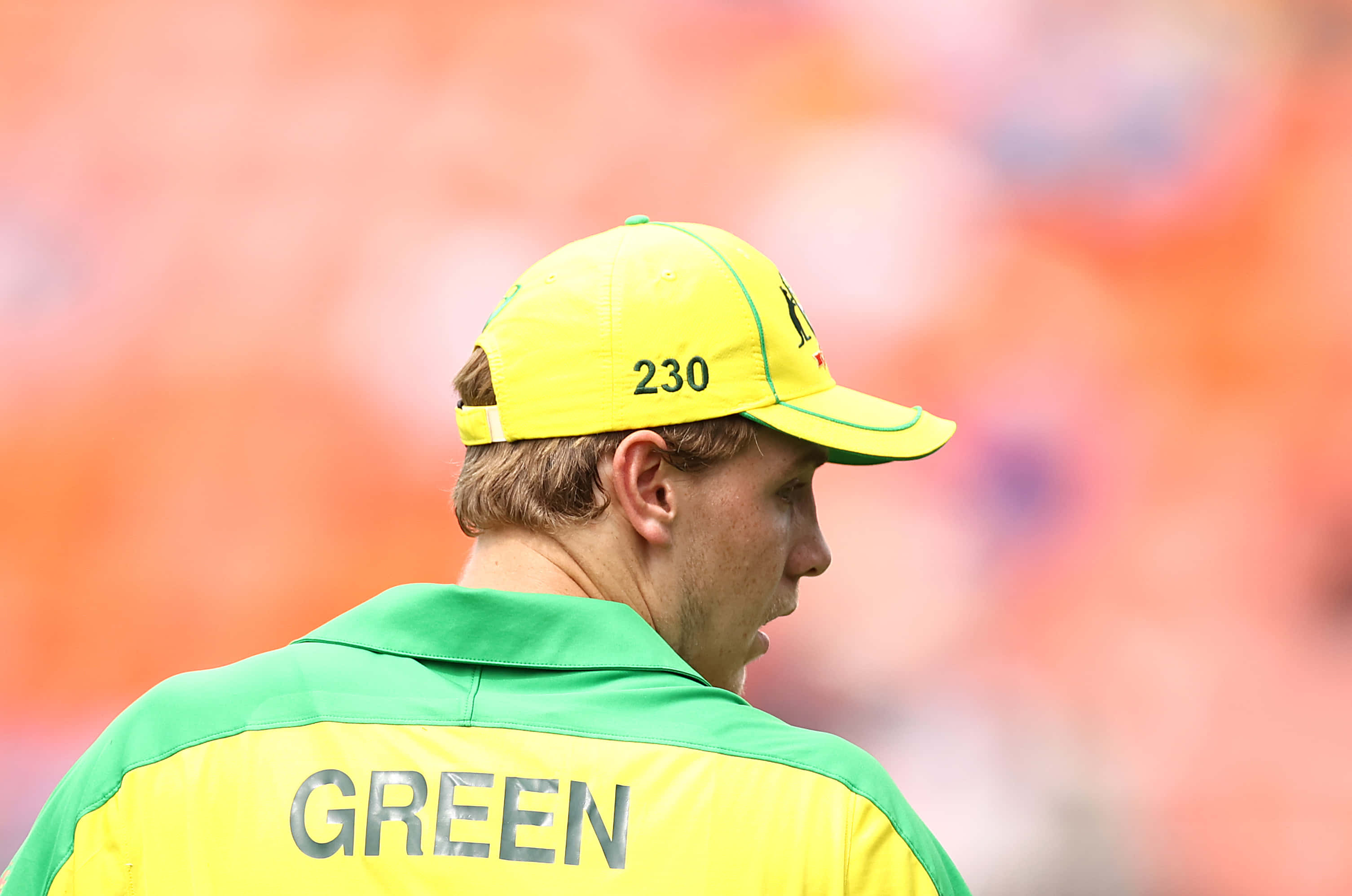 Cameron Green 桌布 壁紙 — 一名身穿綠色和黃色球衣、背後印有「GREEN」及帽子號碼230的板球運動員，低頭看著一個充滿橙色座位的體育場。
