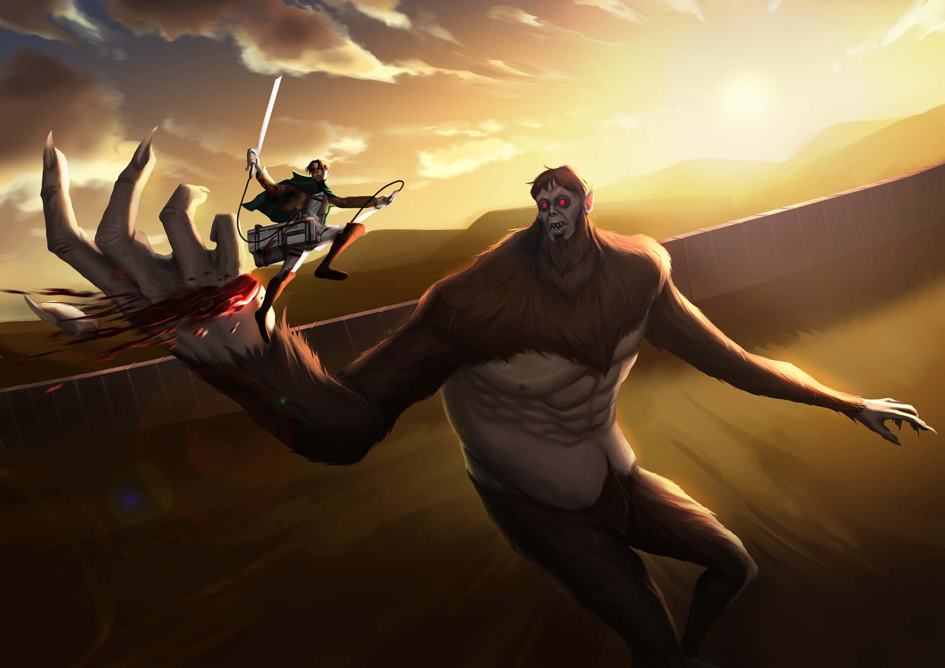 Beast Titan 桌布 壁紙 — 一名身穿綠色斗篷的戰士跳上巨人的伸出的手，揮劍對抗日落時分的巨大類人泰坦。