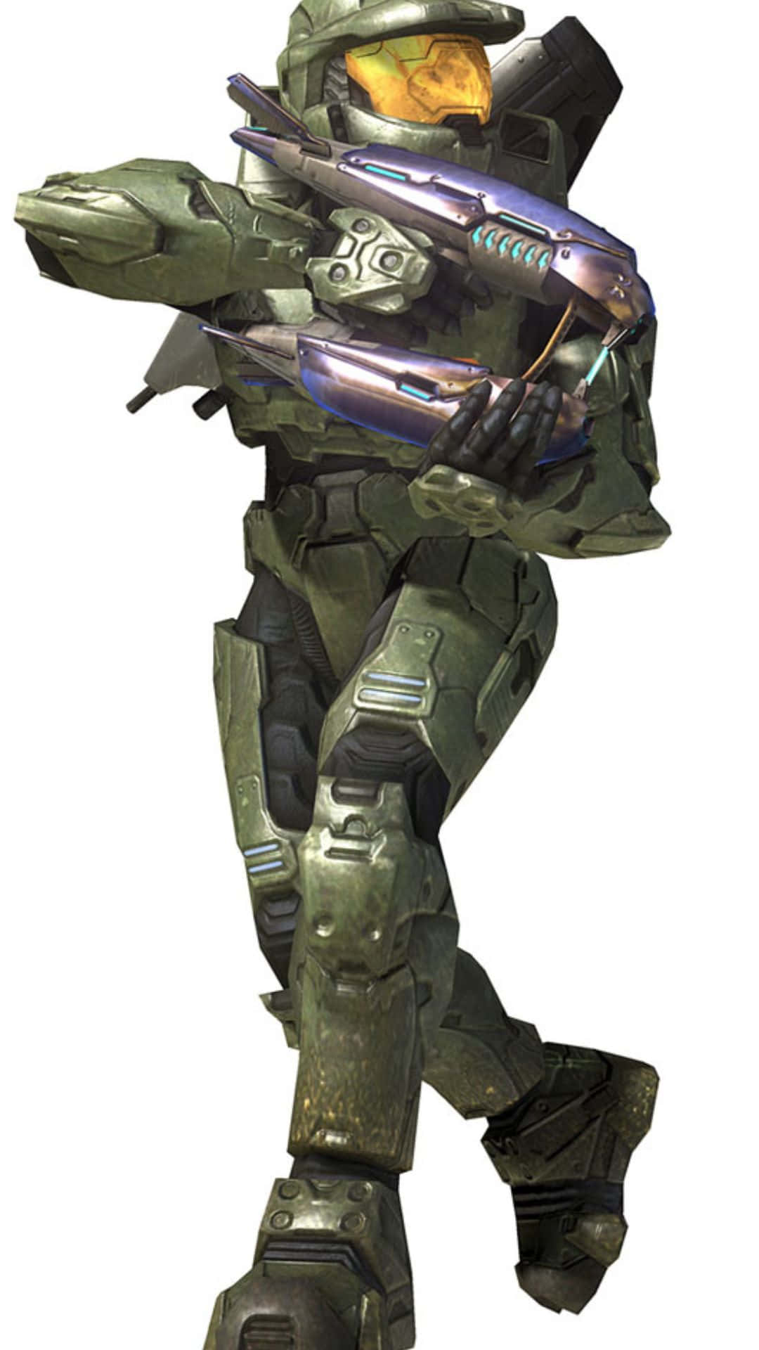 Plasma Rifle 桌布 壁紙 — 一名身穿綠色盔甲、戴著發光橙色護目鏡的士兵，在白色背景前手持一把未來風格的紫色能量武器。