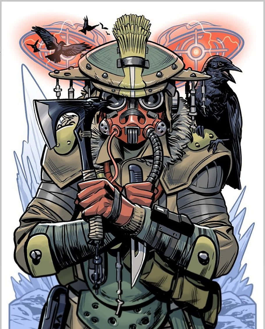 Apex Legends Bloodhound 桌布 壁紙 — 一名身穿綠色盔甲和防毒面具的蒸氣龐克戰士揮舞著斧頭，烏鴉在發光的紅色目標背景前飛翔。