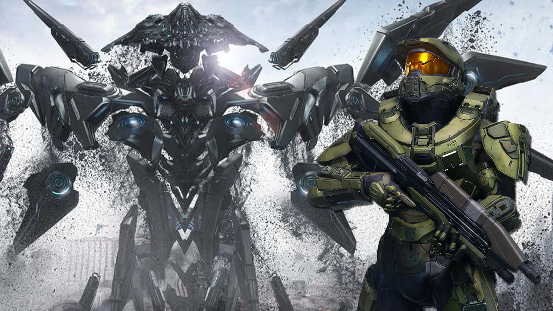 Halo 5 Blue Team 桌布 壁紙 — 一名身穿綠色盔甲的士兵在一片破碎的戰場上準備對抗一個高聳的黑暗機械敵人。