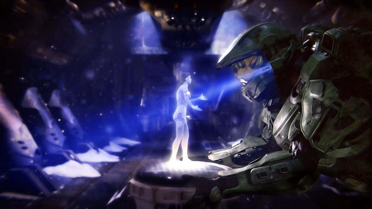 Halo Cortana 桌布 壁紙 — 一名身穿綠色盔甲的士兵在黑暗的未來風格房間中，跪在一個發光的藍色全息人物面前。