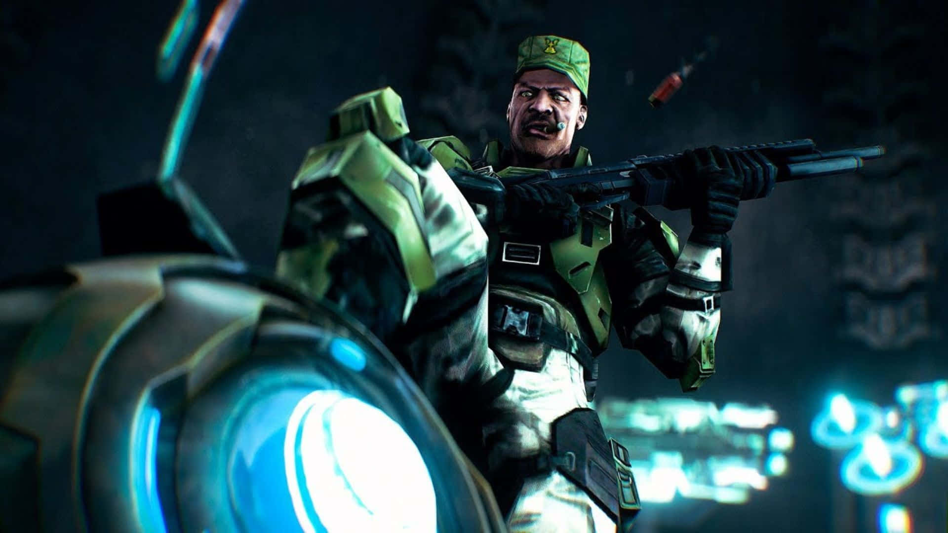 Sergeant Johnson 桌布 壁紙 — 一名身穿綠色盔甲的士兵在黑暗的未來設定中，於發光的藍色科技中緊握步槍。