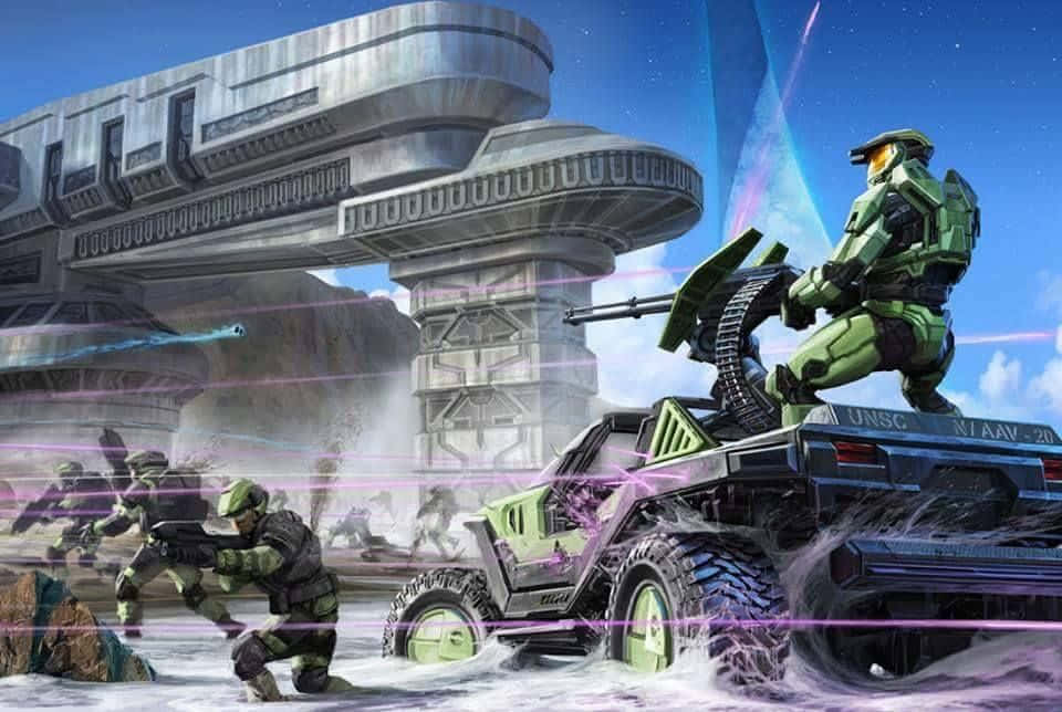 Halo Unsc 桌布 壁紙 — 一名身穿綠色盔甲的士兵從未來車輛中開火，隊友們在星空下的科幻廢墟中戰鬥。