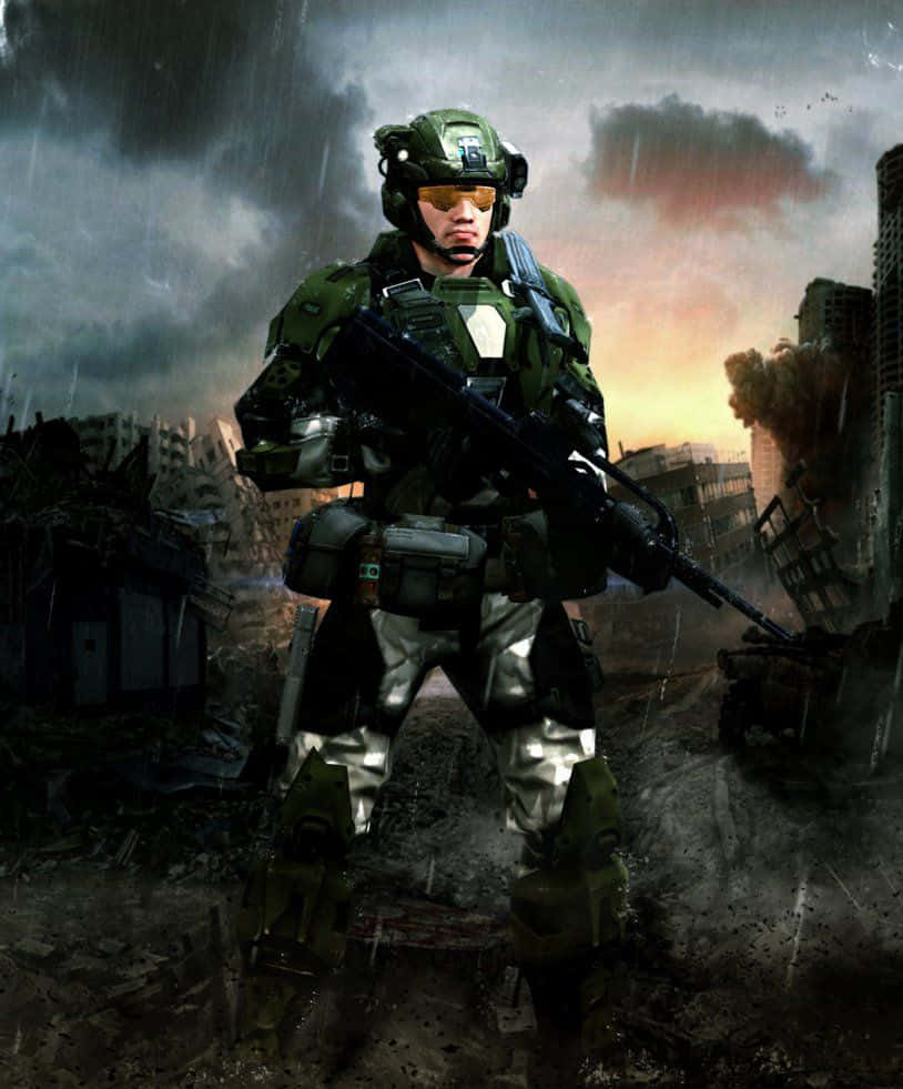 Halo Unsc 桌布 壁紙 — 一名身穿綠色盔甲的士兵站在風暴天空下被雨水浸透的廢墟城市中。