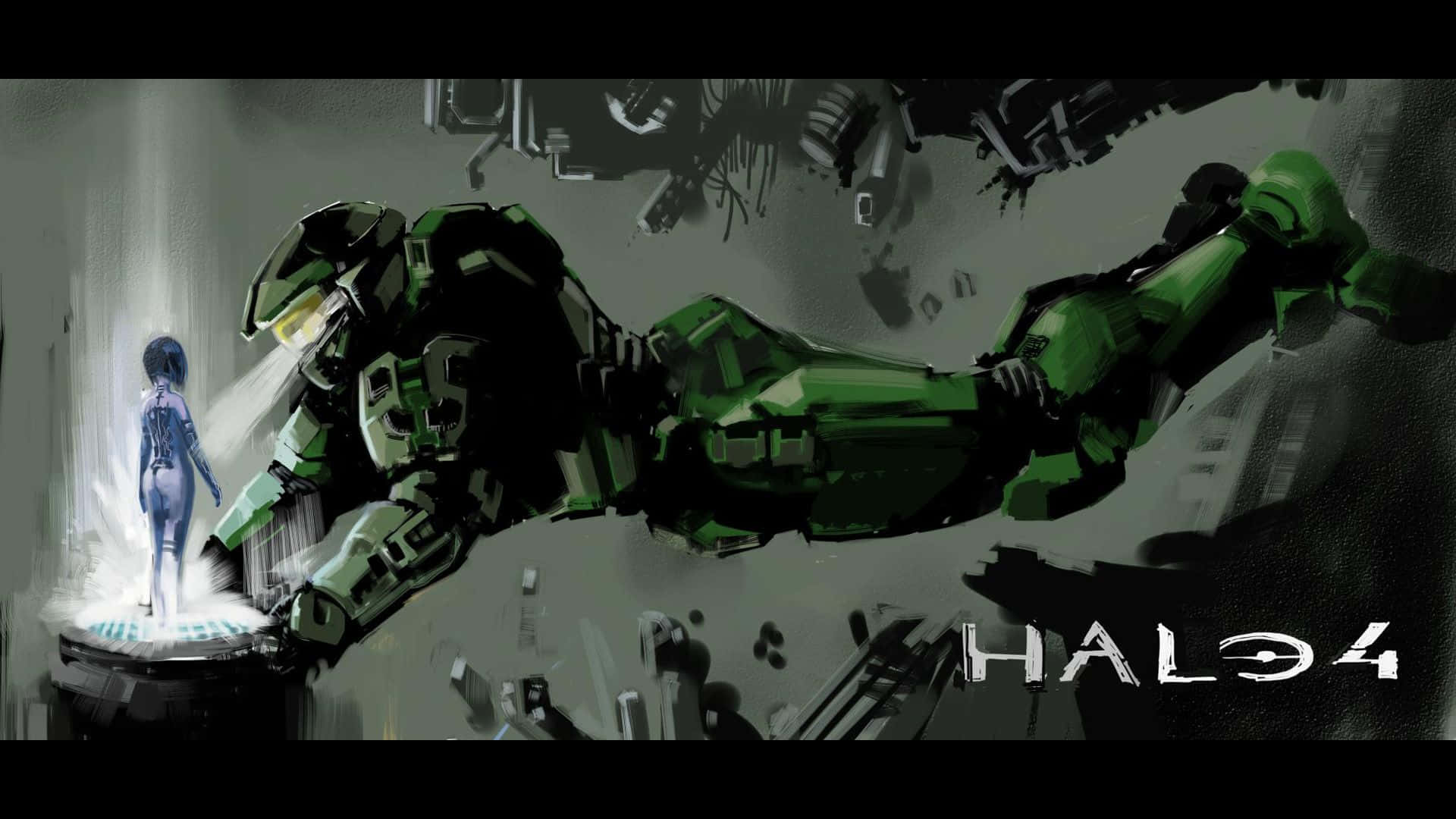 Halo Cortana 桌布 壁紙 — 一名身穿綠色盔甲的斯巴達戰士在半空中，伸手觸碰站在黑暗未來廢墟基座上的發光藍色身影。