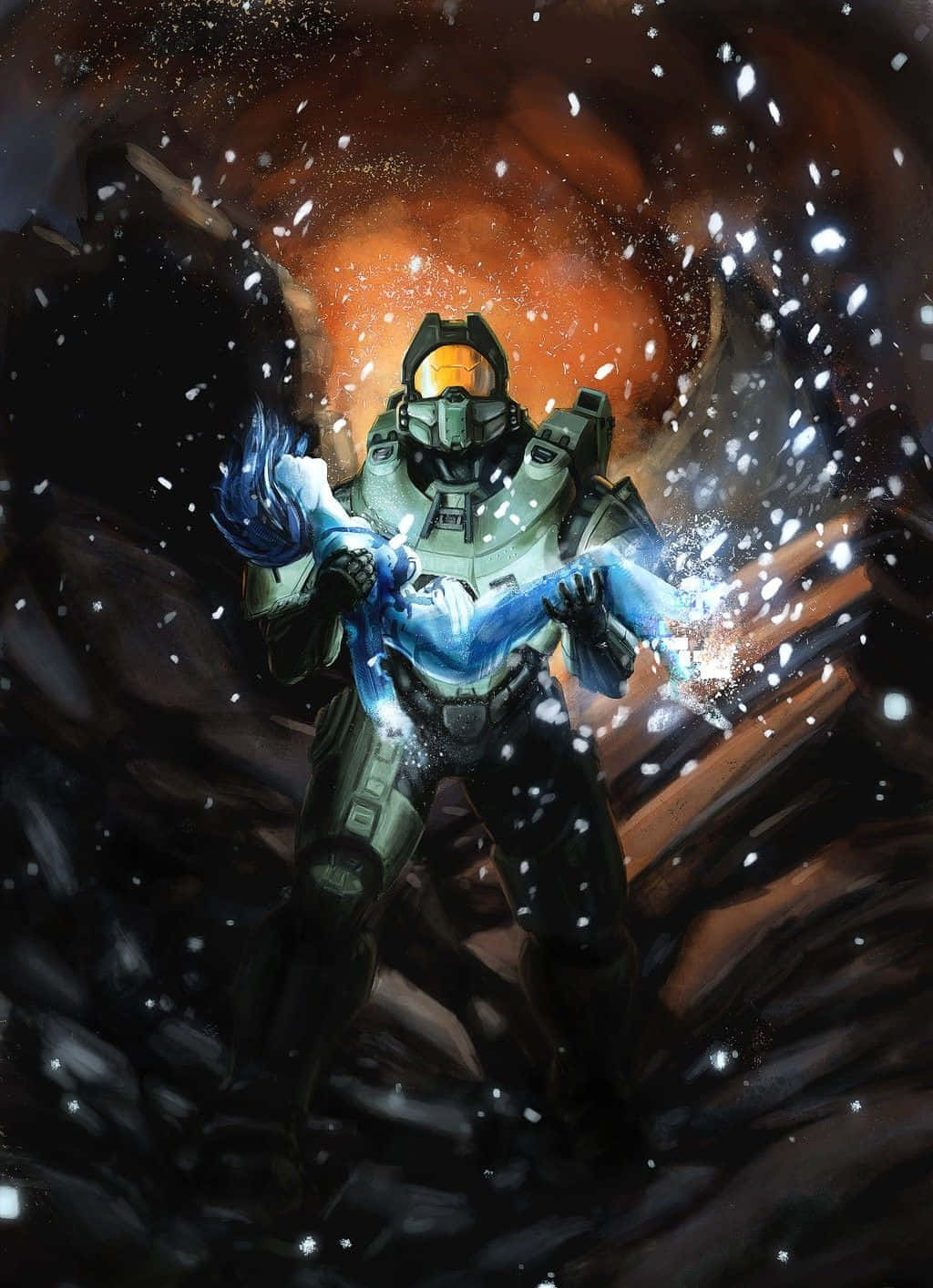 Halo Cortana 桌布 壁紙 — 一名身穿綠色盔甲的斯巴達戰士在飄雪中，對著熾熱的橙色背景引導藍色能量。