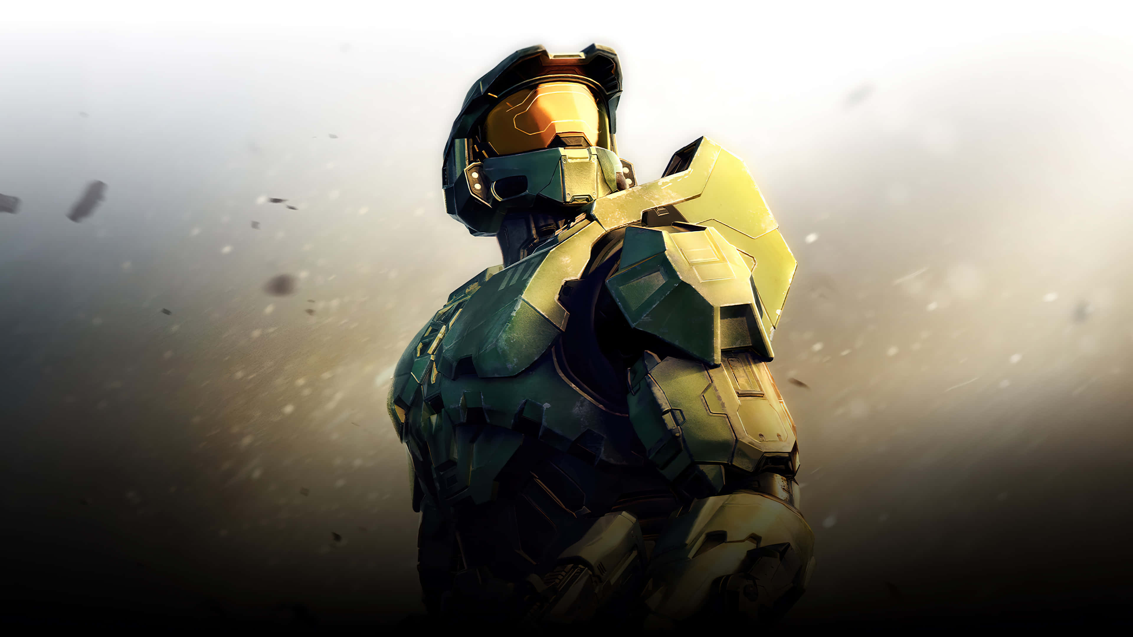 Fps 桌布 壁紙 — 一名身穿綠色盔甲的斯巴達戰士站在塵霧中，發光的橙色面罩映襯著昏暗的戰場背景。