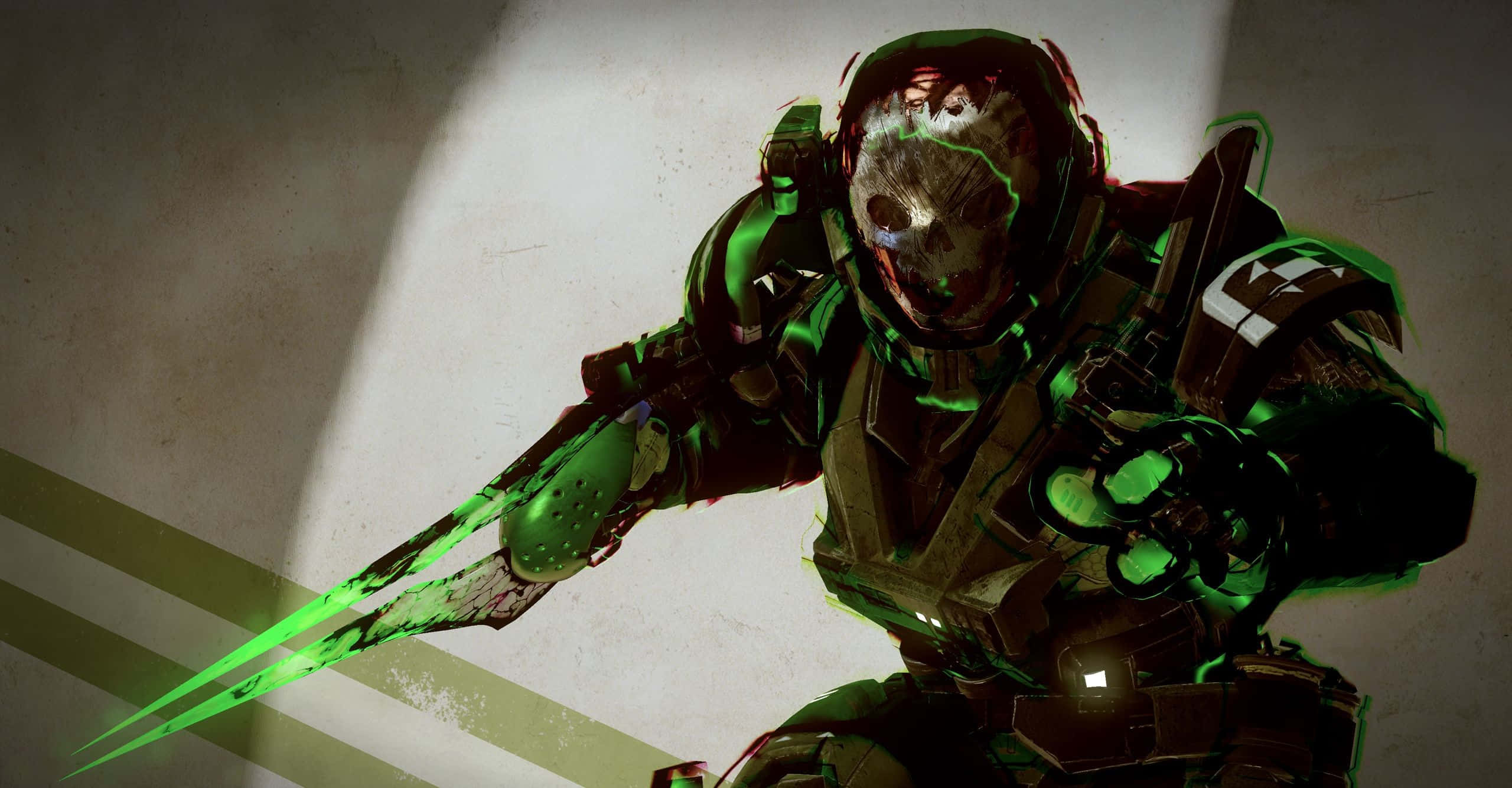 Halo Emile 桌布 壁紙 — 一名身穿綠色盔甲的未来士兵在戲劇性聚光燈下，對著有紋理的牆壁揮舞著發光的刀刃。