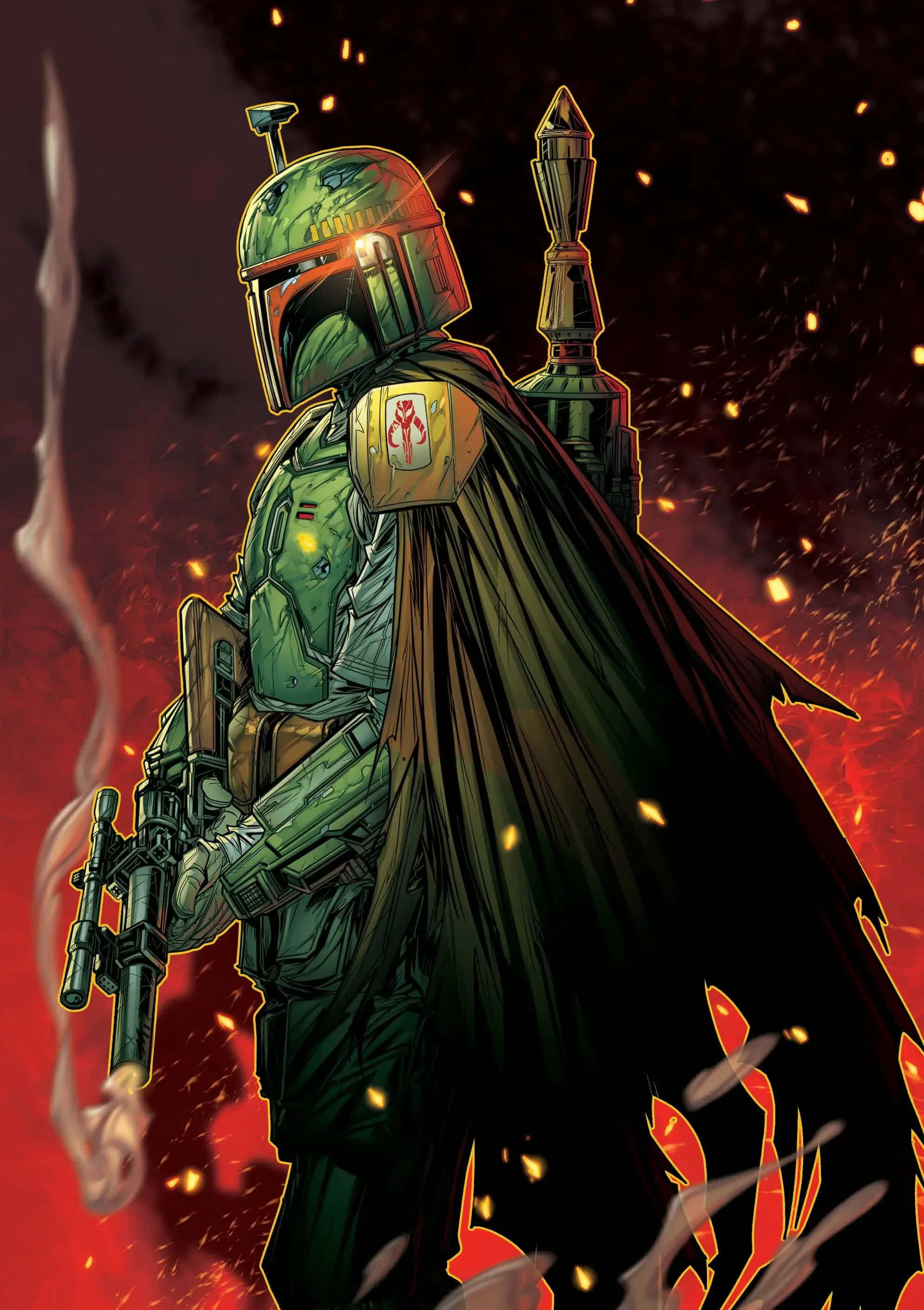 Bounty Hunters 桌布 壁紙 — 一名身穿綠色盔甲的賞金獵人，披著斗篷，手持爆能槍，站在烈焰混亂之中，火花在深紅色背景下飛舞。