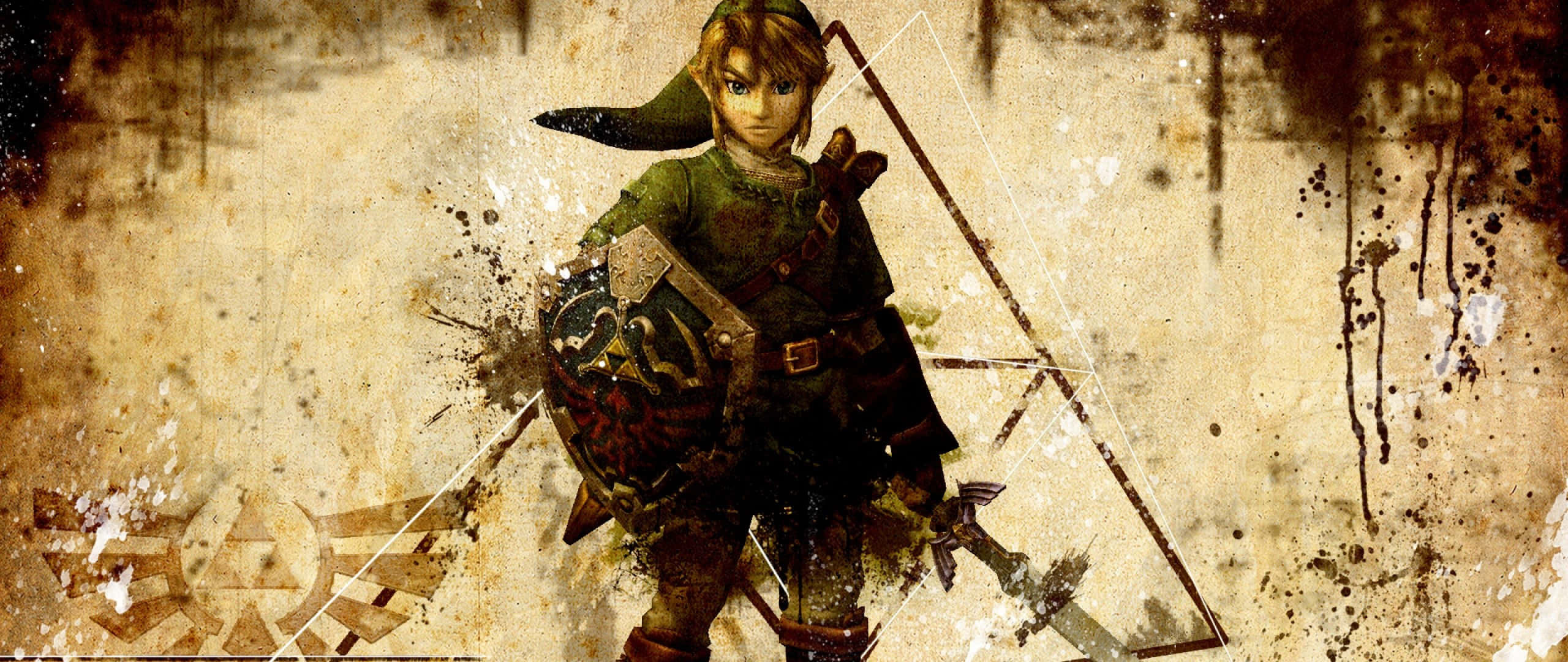 The Legend Of Zelda Hyrule 桌布 壁紙 — 一名身穿綠色長袍、戴尖帽的戰士，在骯髒的羊皮紙背景前，手持盾牌和劍準備就緒。