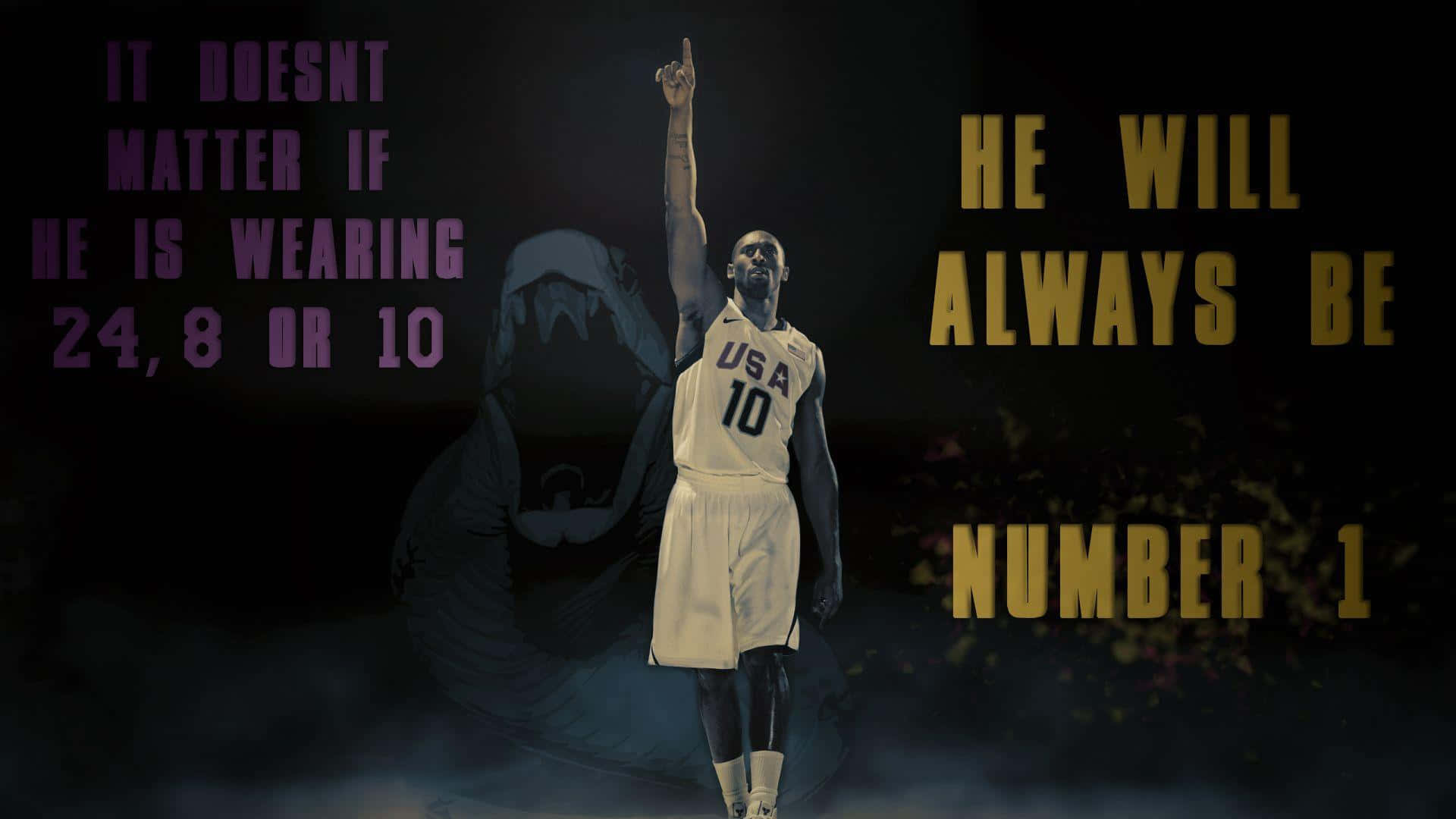 Mamba Mentality 桌布 壁紙 — 一名身穿美國球衣的籃球運動員在深色背景上舉起一根手指，配上粗體勵志文字，展現勝利姿態。