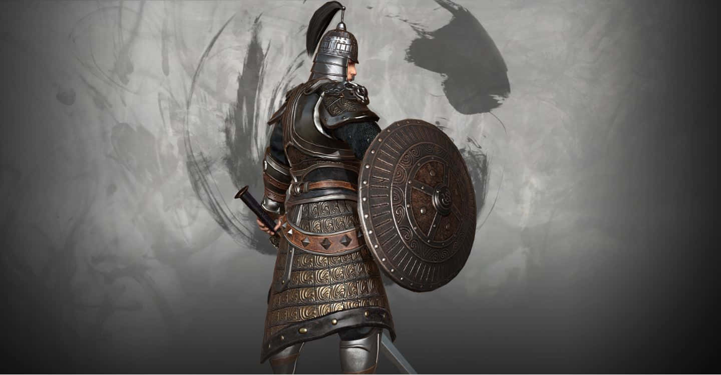 Blood Of Steel 桌布 壁紙 — 一名身穿華麗深色金屬盔甲的重裝騎士，在煙霧瀰漫的灰色抽象背景前，手持圓盾和劍。