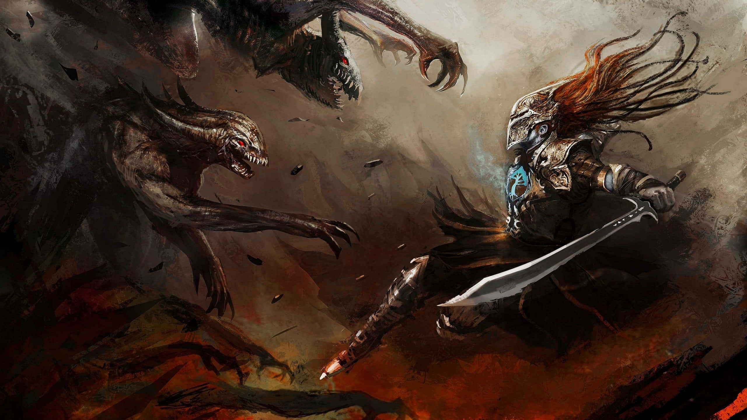 Demon Fighting 桌布 壁紙 — 一名身穿華麗盔甲的戰士在煙霧瀰漫和熾熱的地面上，與兩頭怪獸展開混亂的戰鬥。