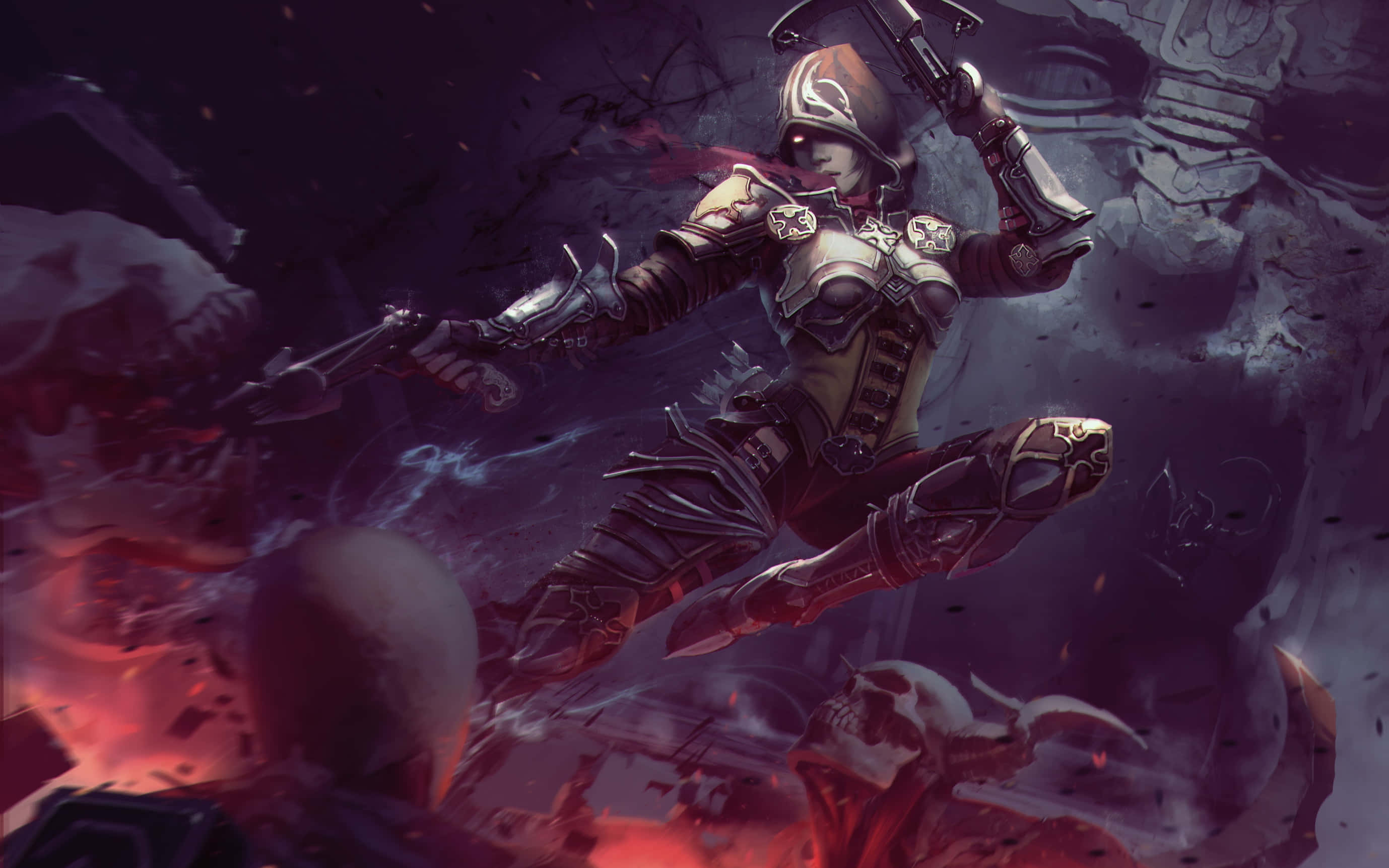 Demon Hunting 桌布 壁紙 — 一名身穿華麗盔甲的戰士在黑暗、佈滿頭骨的戰場上跳躍，伴隨著發光的紅色能量效果。
