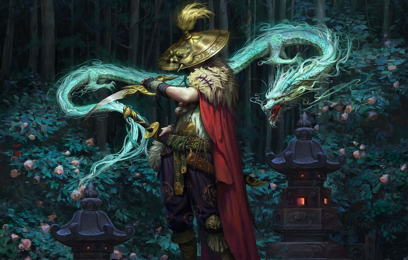 Samurai Dragon 桌布 壁紙 — 一名身穿華麗盔甲的戰士揮舞著發光的劍，一條幽靈龍纏繞在他周圍，身處神秘森林中。