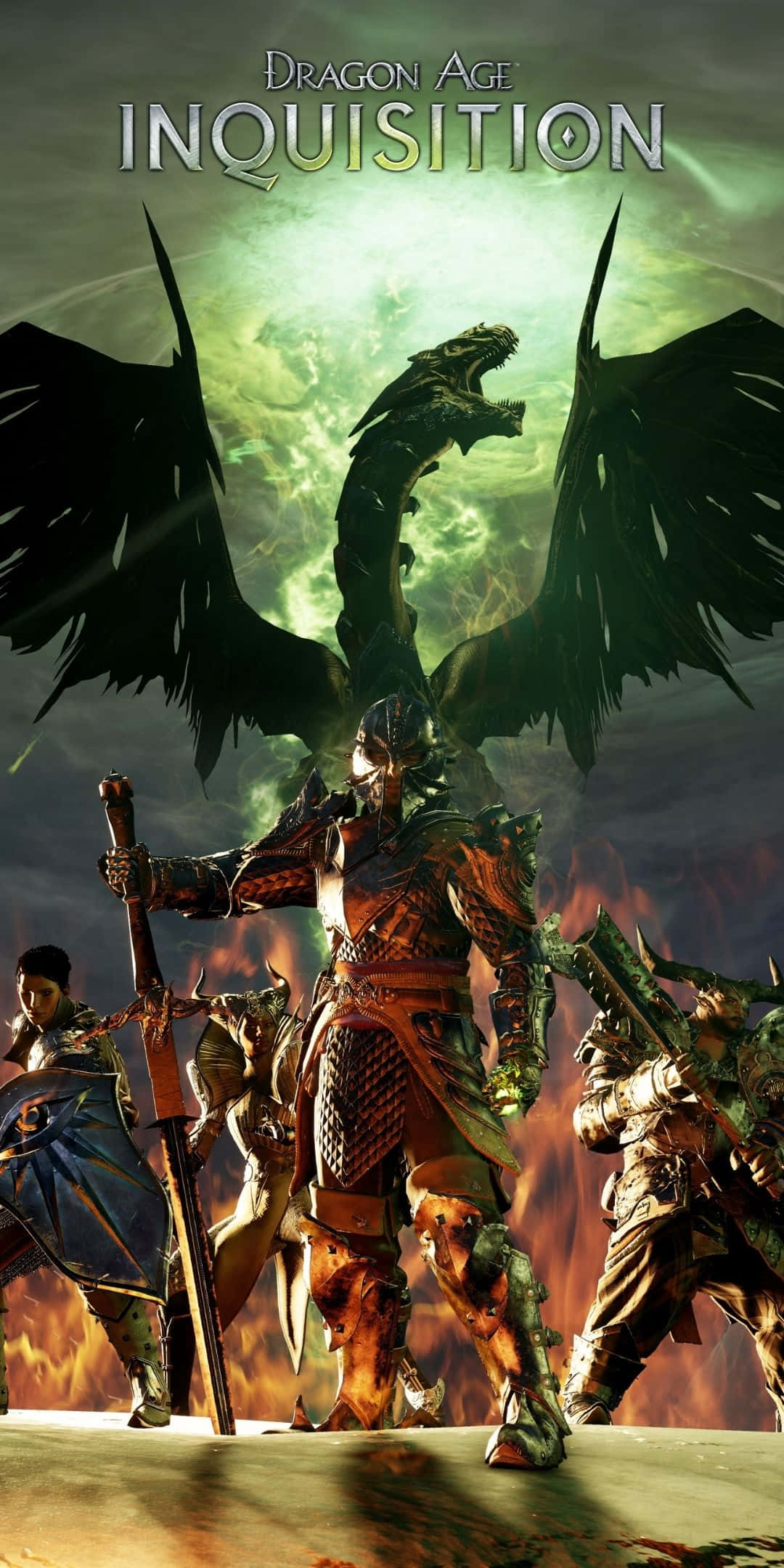 Pixel 3 Dragon Age Inquisition 桌布 壁紙 — 一名身穿華麗盔甲的騎士，在熾熱的地面和發光的綠色天空背景下，挑釁地站在一條巨大的黑龍面前。