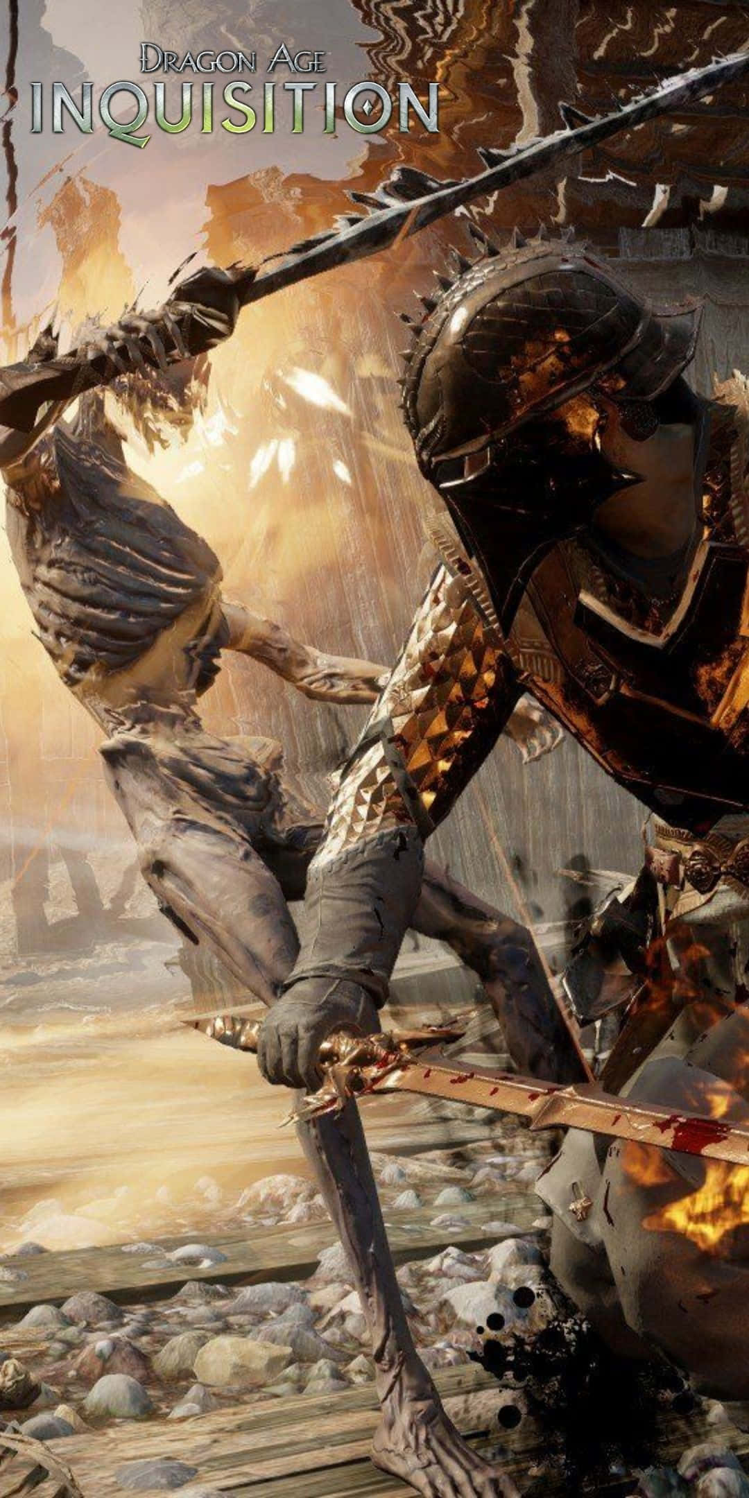 Pixel 3 Dragon Age Inquisition 桌布 壁紙 — 一名身穿華麗盔甲的騎士在火紅的天空下，於木製碼頭上與骷髏戰士交鋒。
