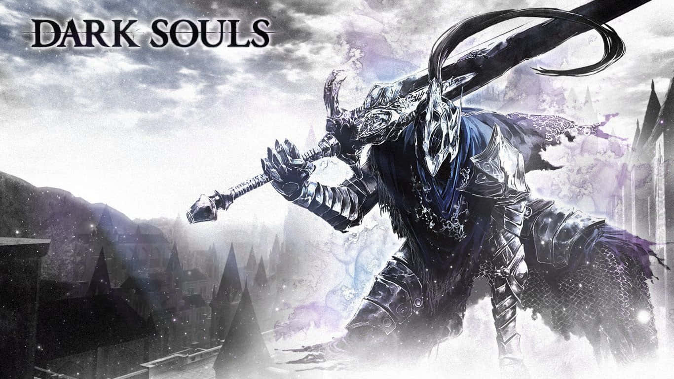Artorias The Abysswalker 桌布 壁紙 — 一名身穿華麗盔甲的黑暗騎士，在風暴天空下，對著陰鬱、充滿城堡的景觀揮舞著一把巨大的彎曲劍。