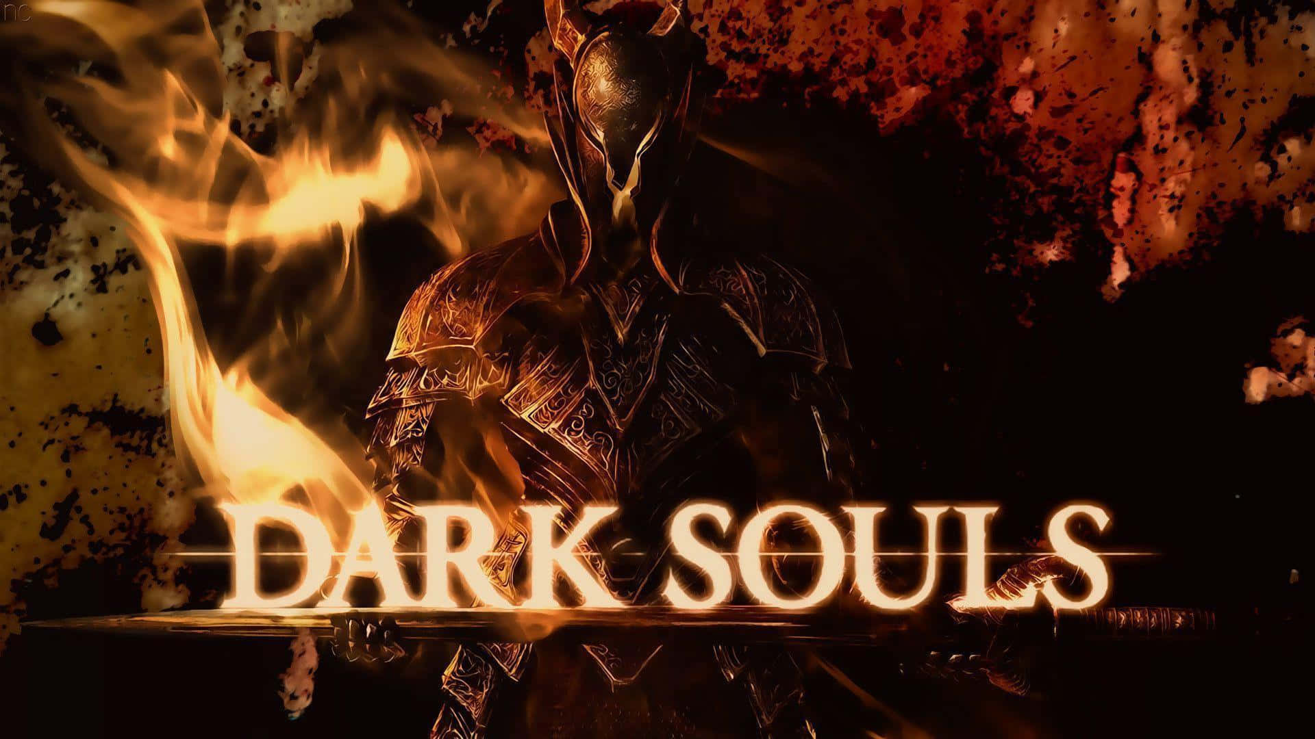身穿盔甲的黑暗騎士手持劍，帶有火焰般的「Dark Souls」標題。 — 黑暗靈魂 GIF 壁紙